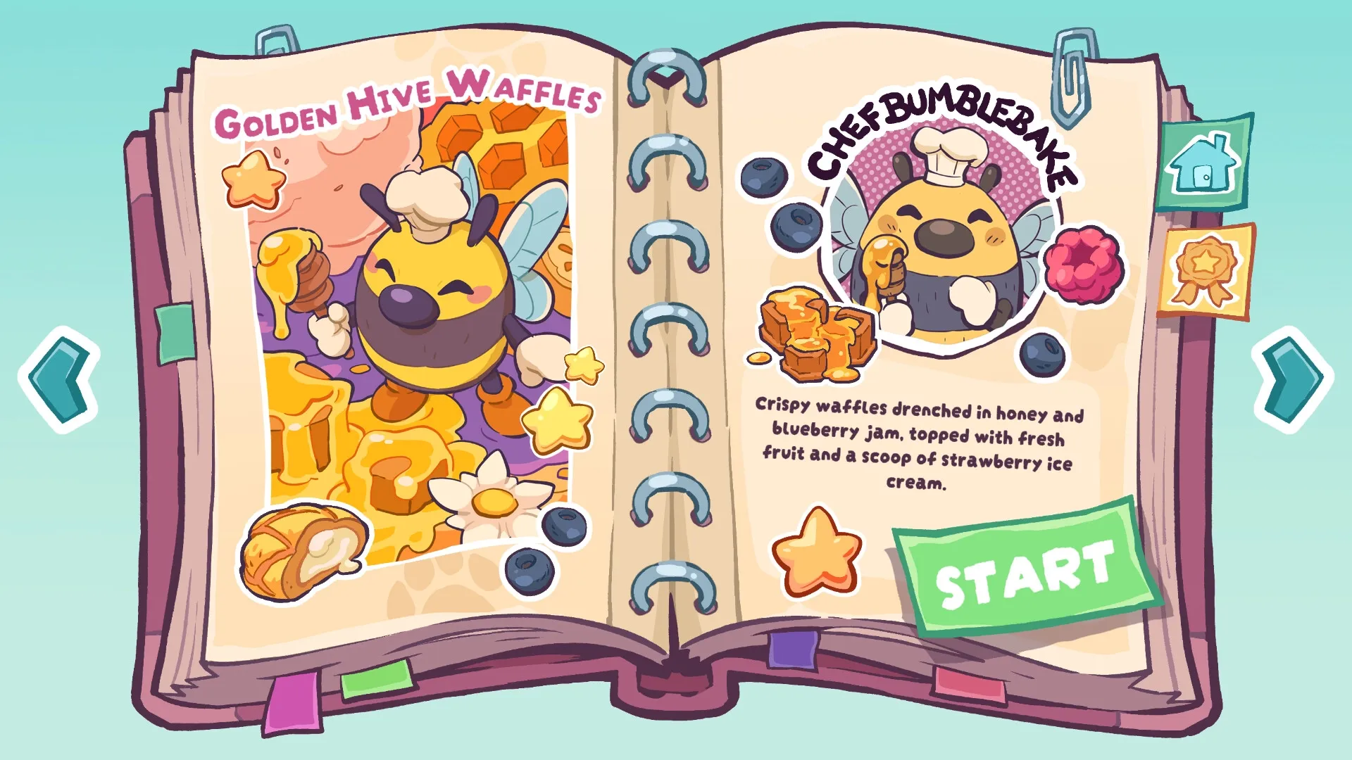 UMAMI: Chef Bumblebake's recipe book open to Golden Hive Waffles page with start button visible