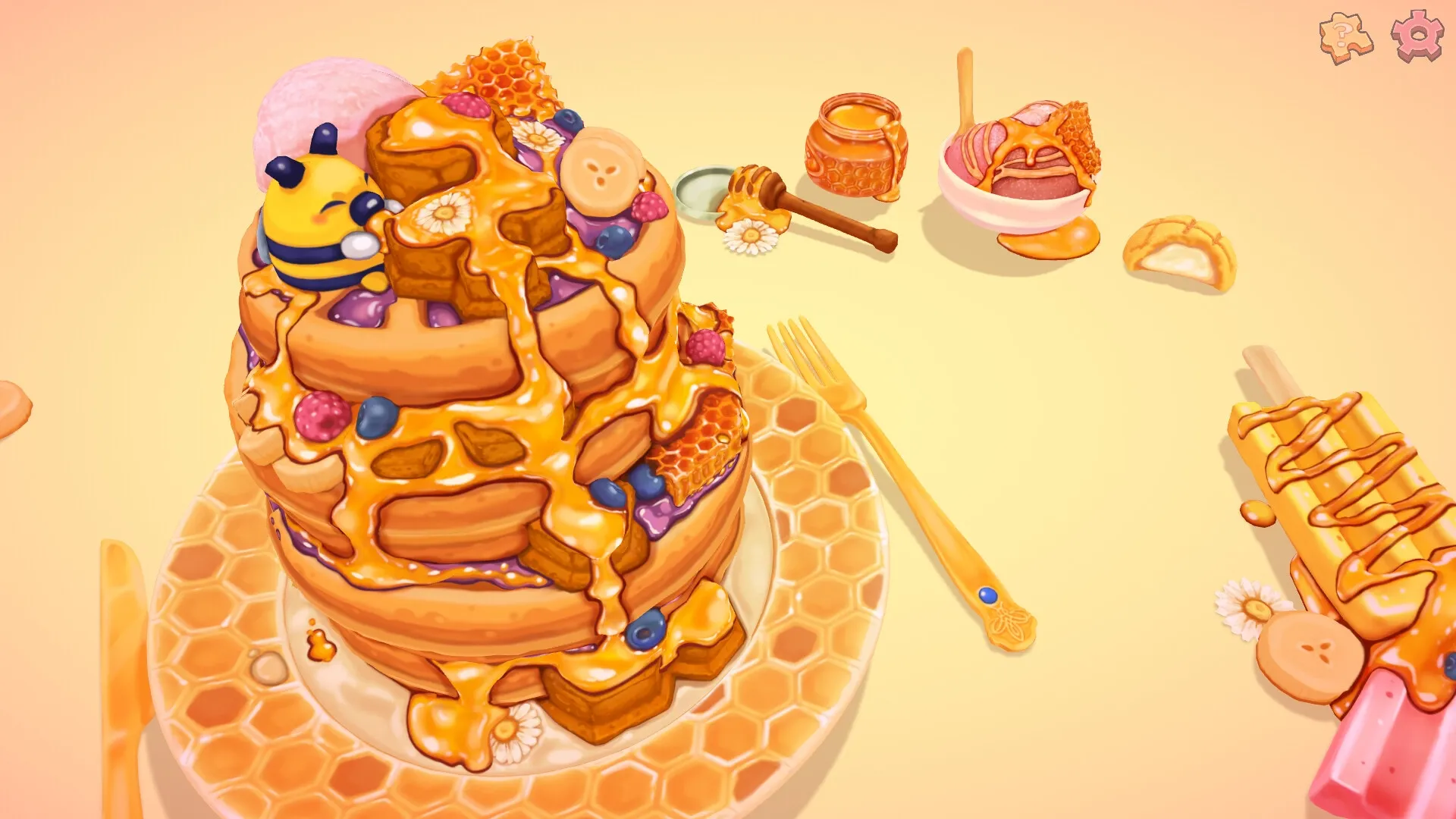 UMAMI: Stacked pancake puzzle with honey drizzle and fruit toppings in a warm, honey-themed kitchen setting.