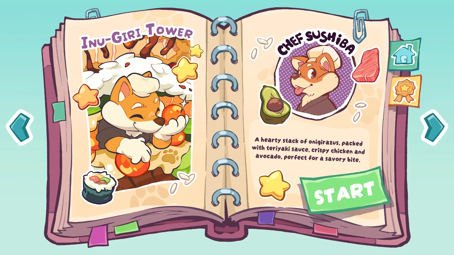 UMAMI: Open recipe book with Chef Sushiba character and Inu-Giri Tower puzzle level ready to start