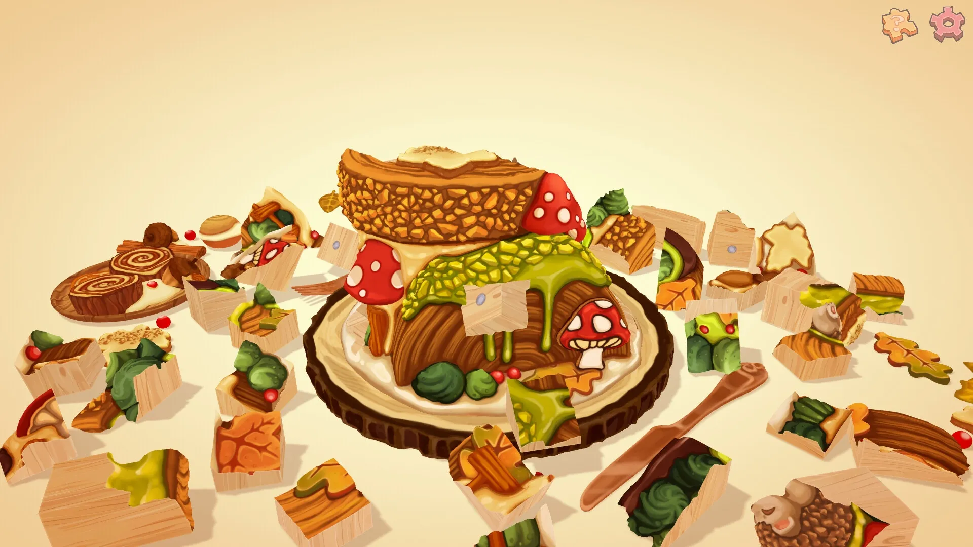 UMAMI: Assembling puzzle pieces to create a whimsical food tower in a cozy, minimalist setting.