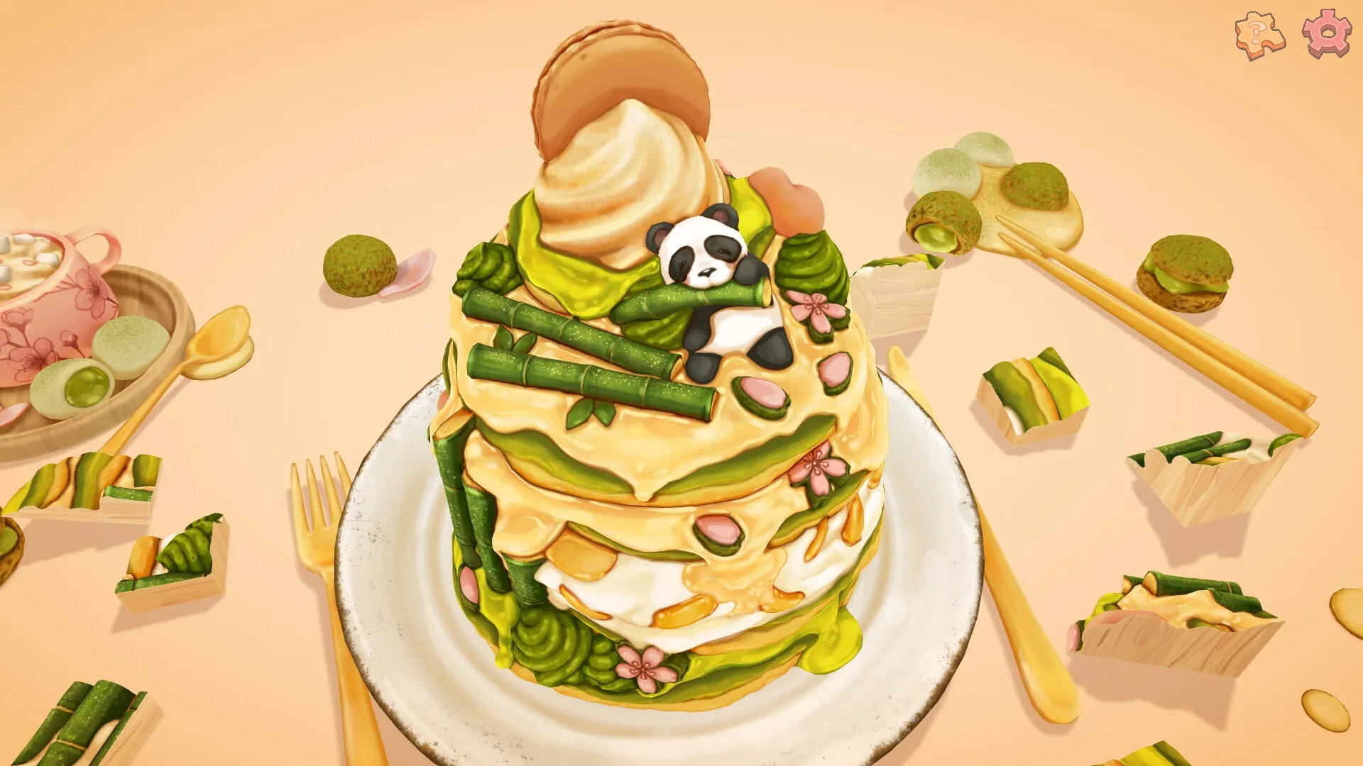 UMAMI: Intricate cake puzzle with panda decoration surrounded by utensils in a cozy, pastel setting