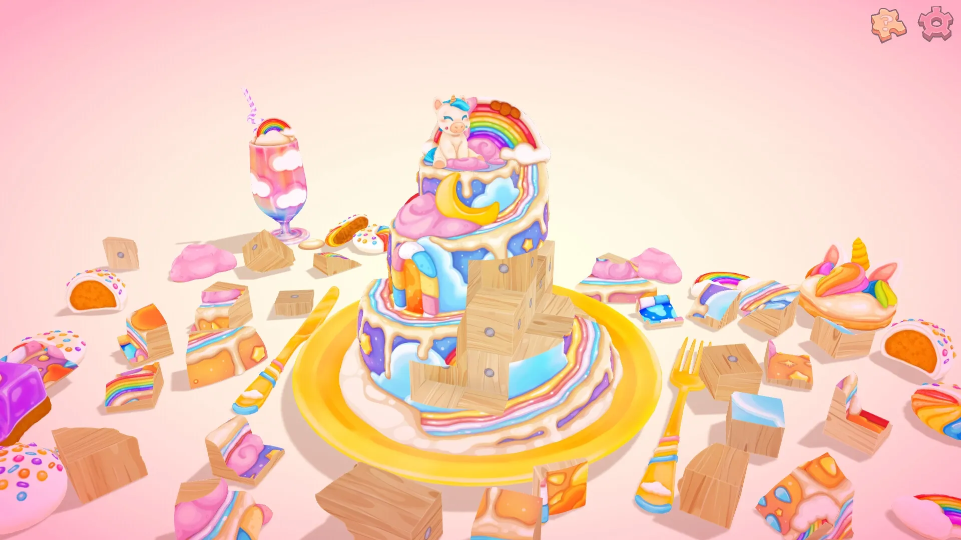 UMAMI: Wooden blocks and colorful cake pieces arranged around a whimsical, rainbow-layered cake tower.