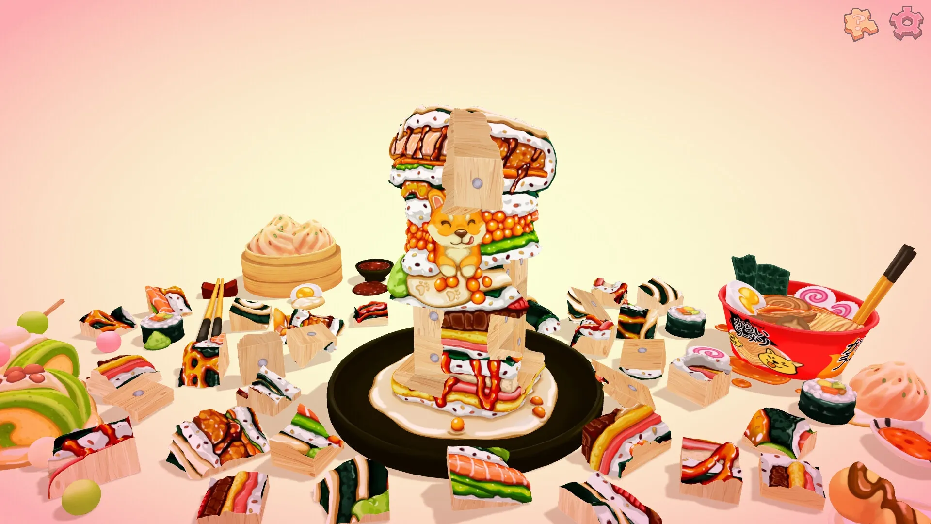 UMAMI: Stacked sushi tower with wooden blocks and a cute cat in a cozy kitchen setting