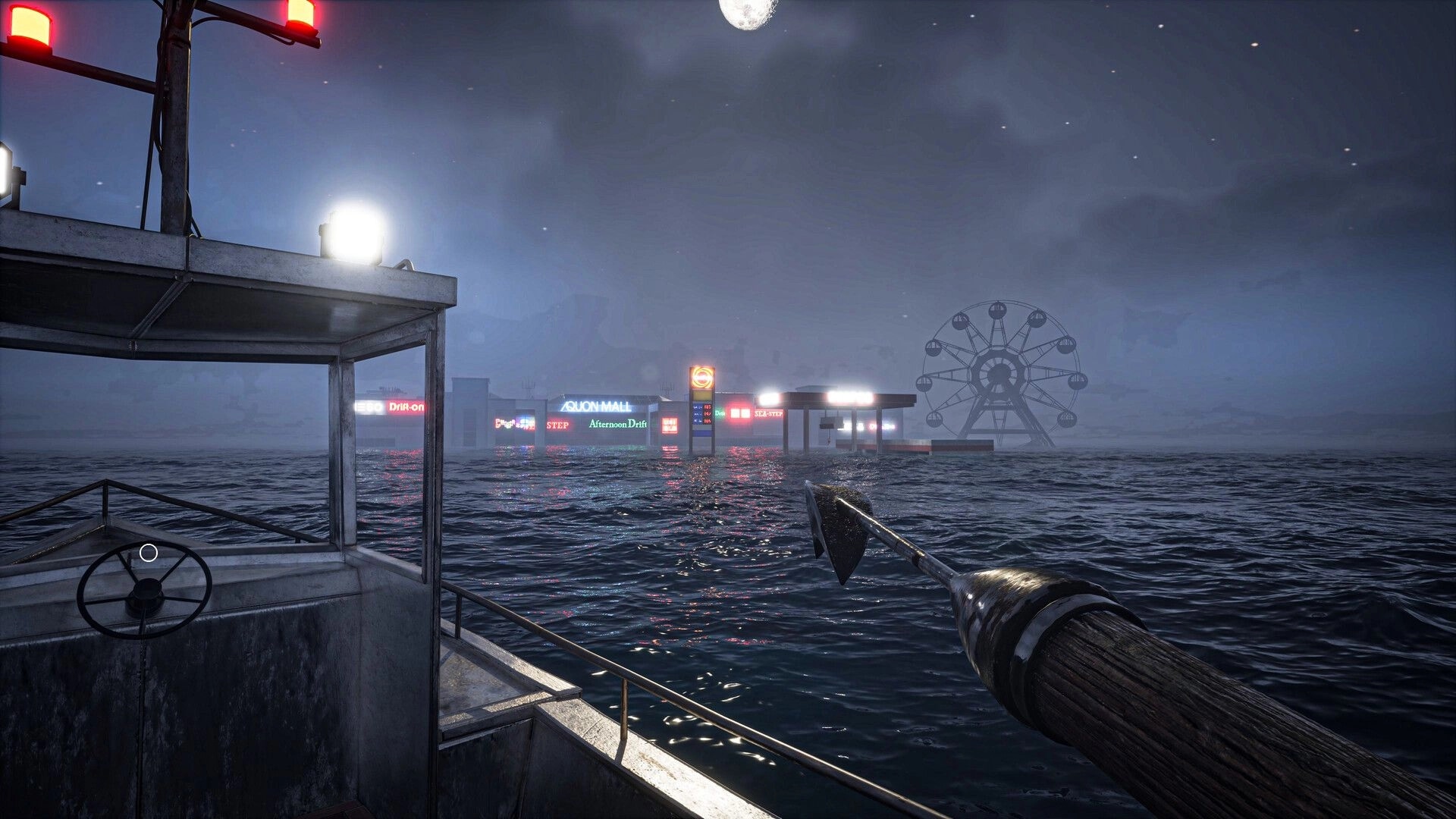 UMIGARI | ウミガリ: Harpoon ready on boat, foggy night sea with distant neon-lit amusement park in view.