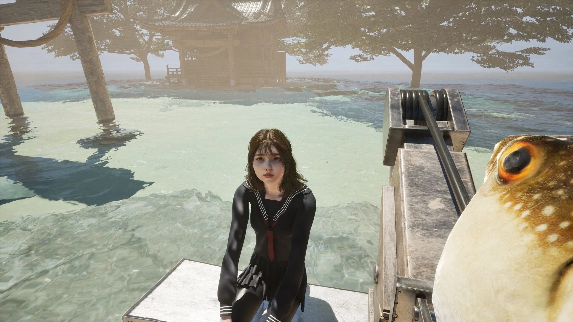 UMIGARI | ウミガリ: Character in school uniform sits on dock beside harpoon gun in foggy coastal setting.