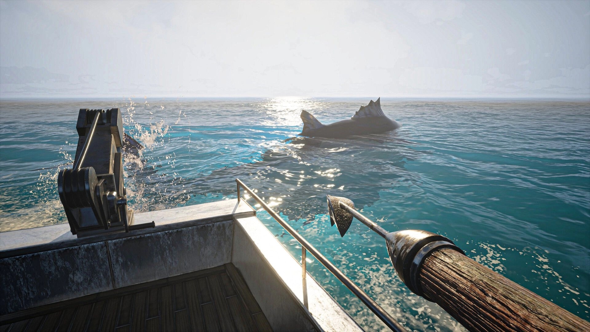UMIGARI | ウミガリ: Harpoon poised on boat deck aiming at large fish in foggy ocean waters off Japan's coast.