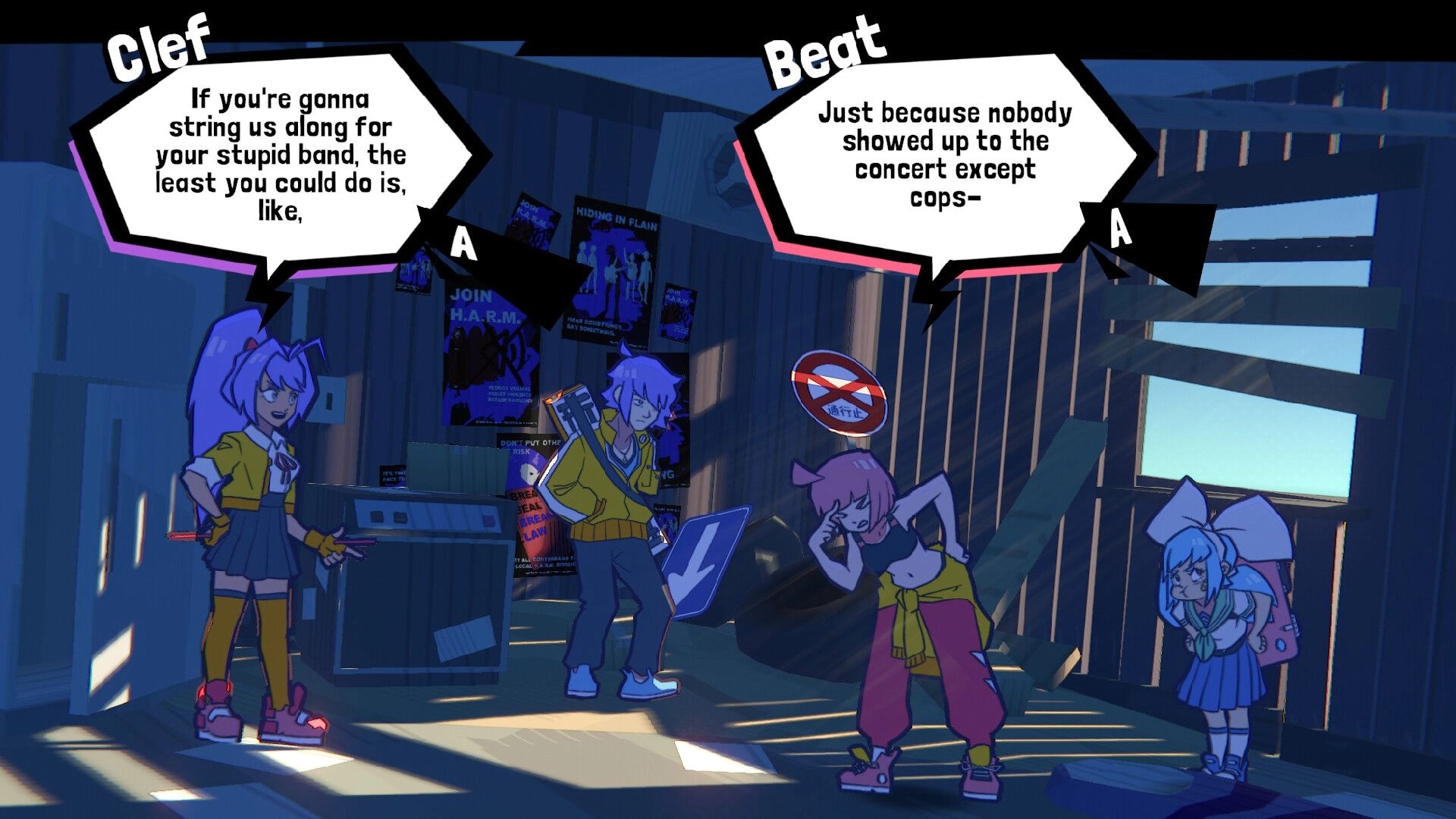 UNBEATABLE: Clef, Beat, and another character in a dimly lit room with posters and a no music sign.
