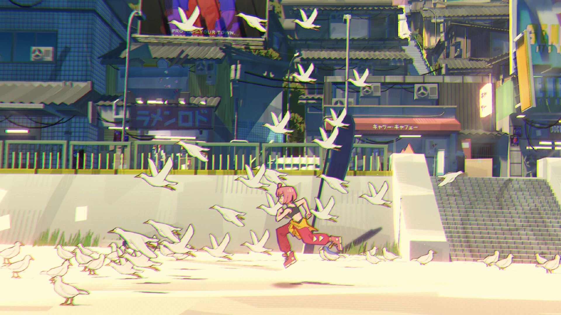 UNBEATABLE: Beat running through a flock of birds in a vibrant urban setting with colorful buildings