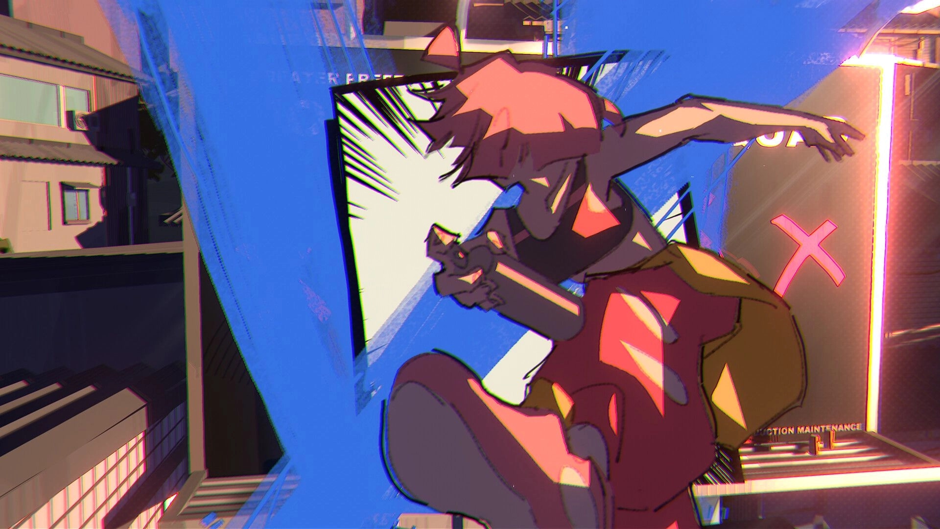 UNBEATABLE: Beat plays guitar energetically on a vibrant city rooftop with bold graphic effects.