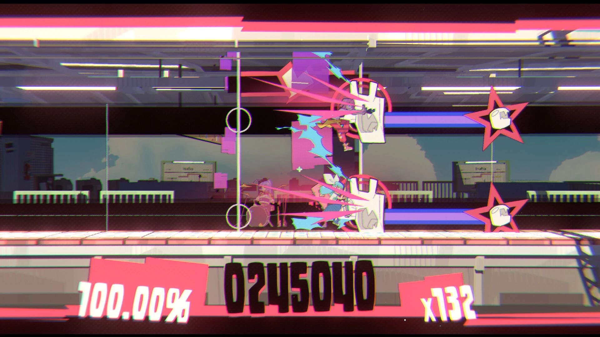 UNBEATABLE: High score rhythm sequence with vibrant effects and combo meter on a futuristic rooftop stage