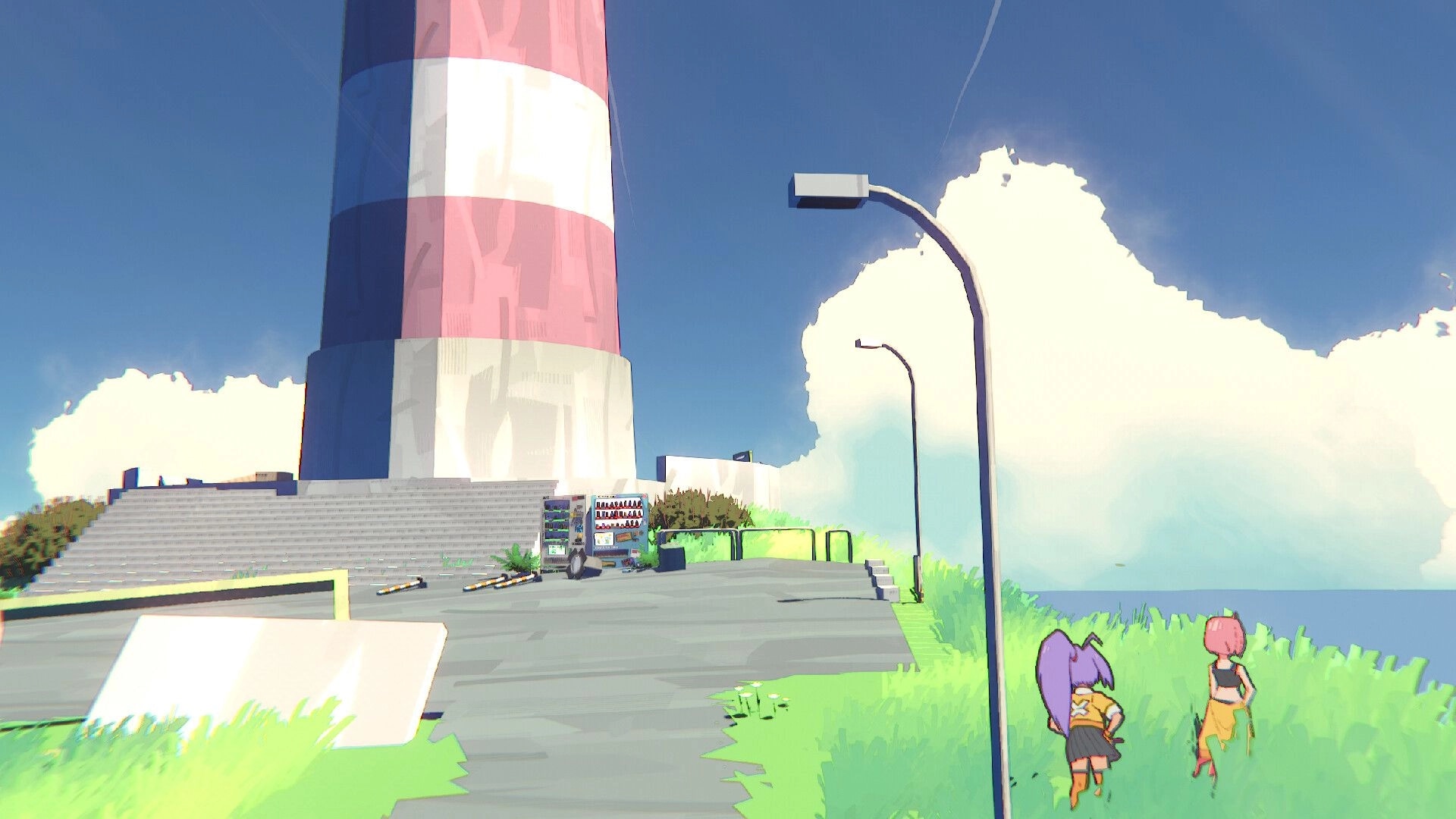 UNBEATABLE: Beat and bandmate walk near a tall striped tower in a grassy outdoor area under a clear sky.