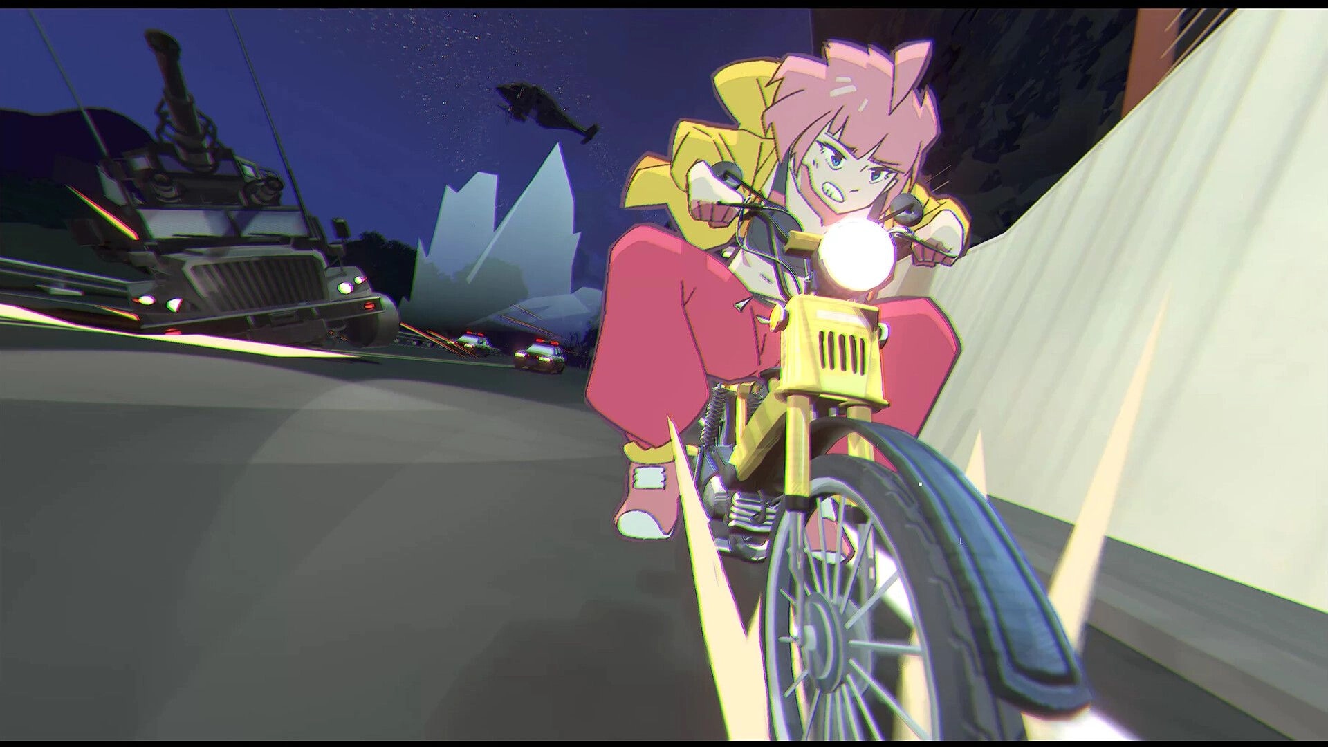 UNBEATABLE: Beat racing a motorcycle at night, pursued by police cars and a helicopter in urban setting