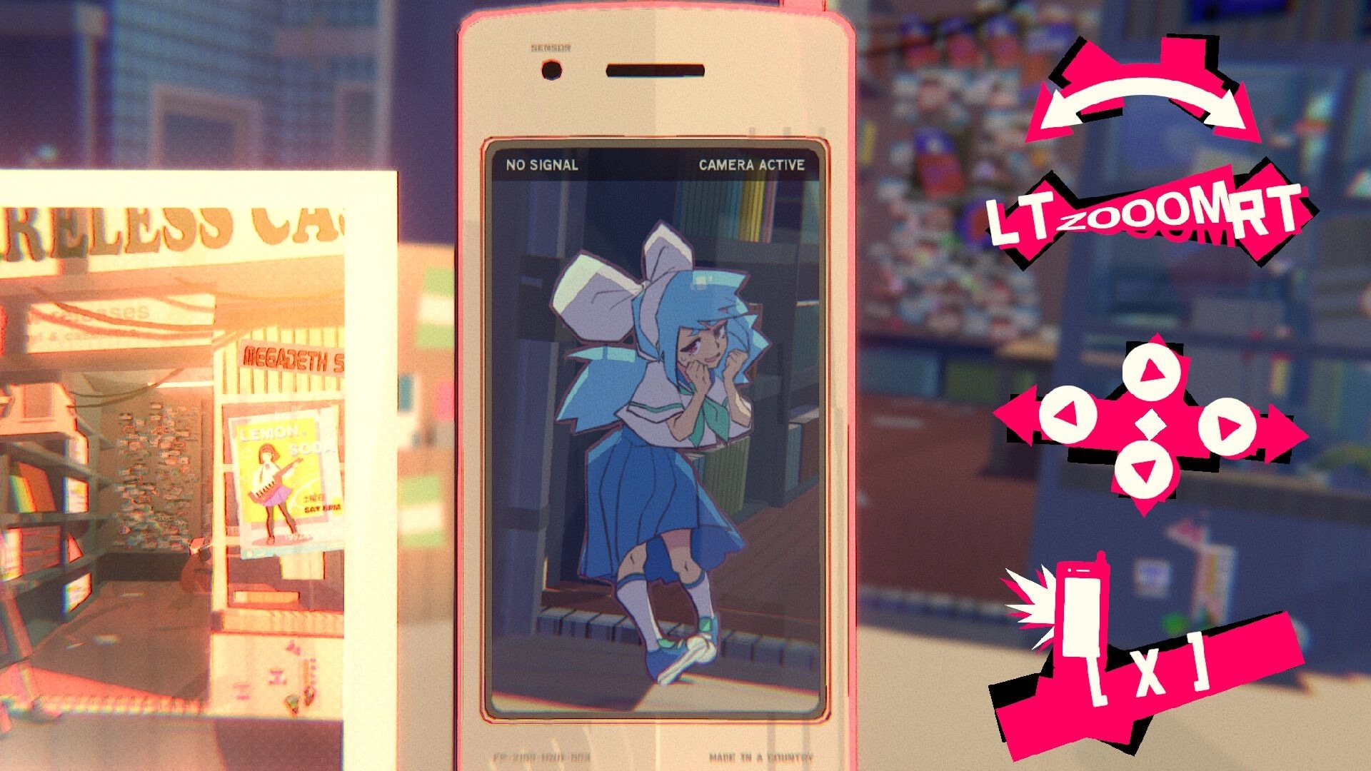 UNBEATABLE: Character on phone screen with rhythm game controls in vibrant urban cafe setting.