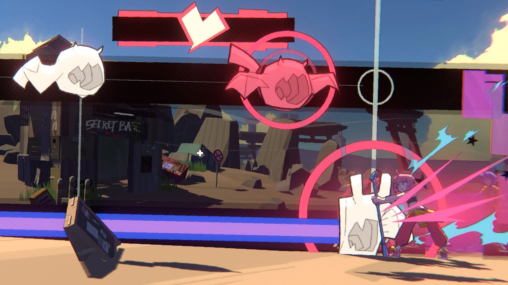 UNBEATABLE: Beat dodges incoming notes in a vibrant outdoor rhythm battle near a secret base entrance.