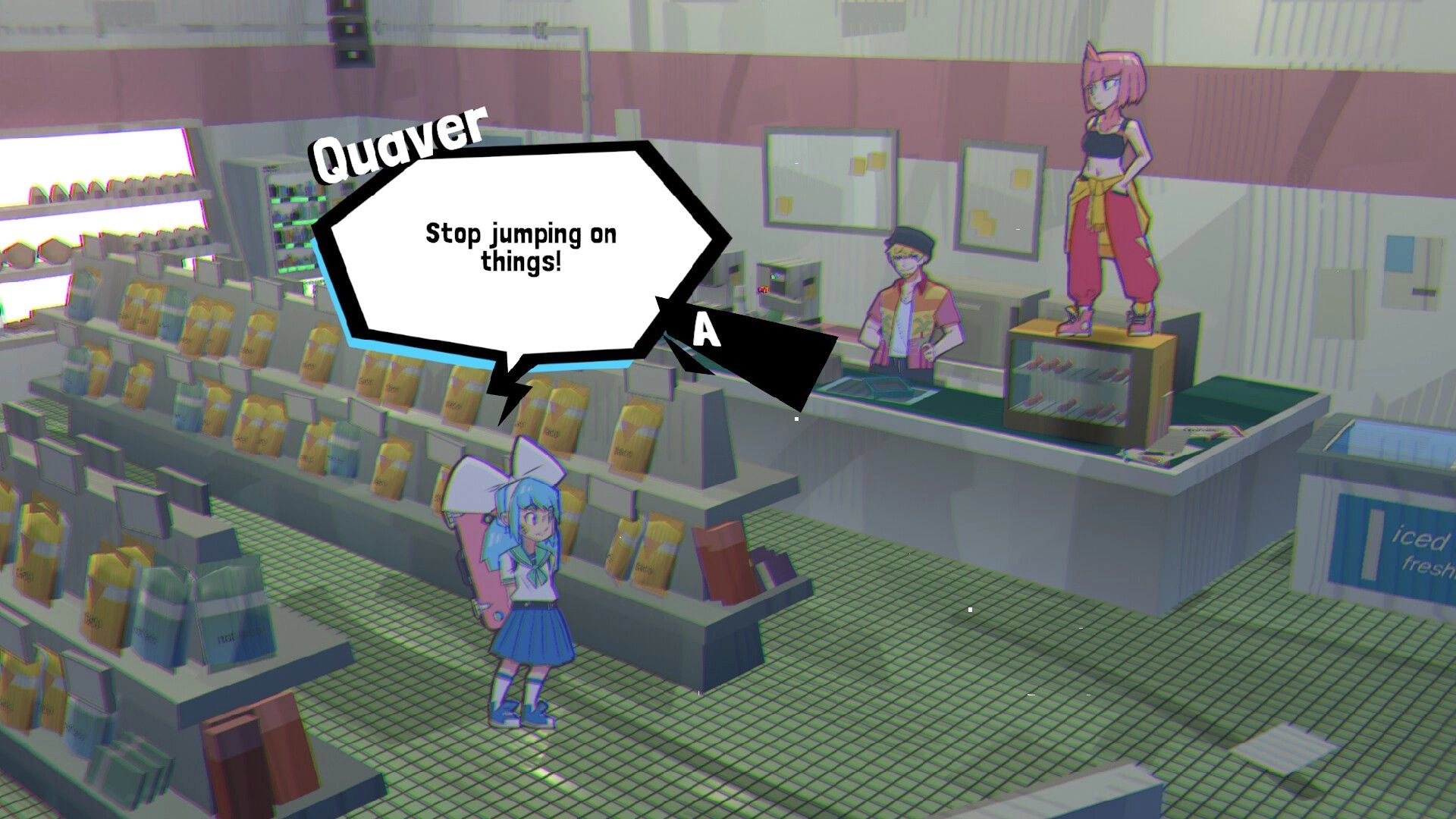 UNBEATABLE: Quaver confronts Beat standing on a counter in a colorful convenience store environment.
