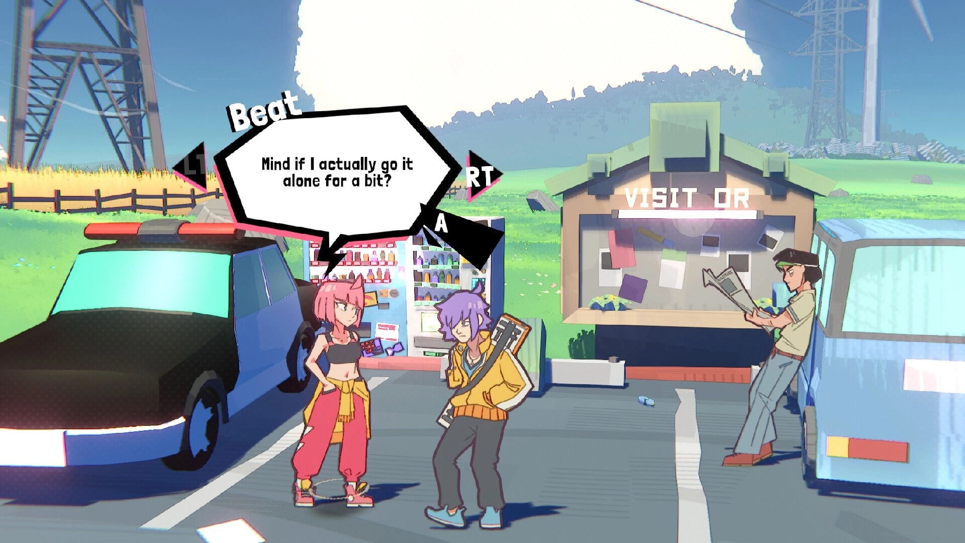 UNBEATABLE: Beat converses with a bandmate by a police car near a vending machine in a rural setting.