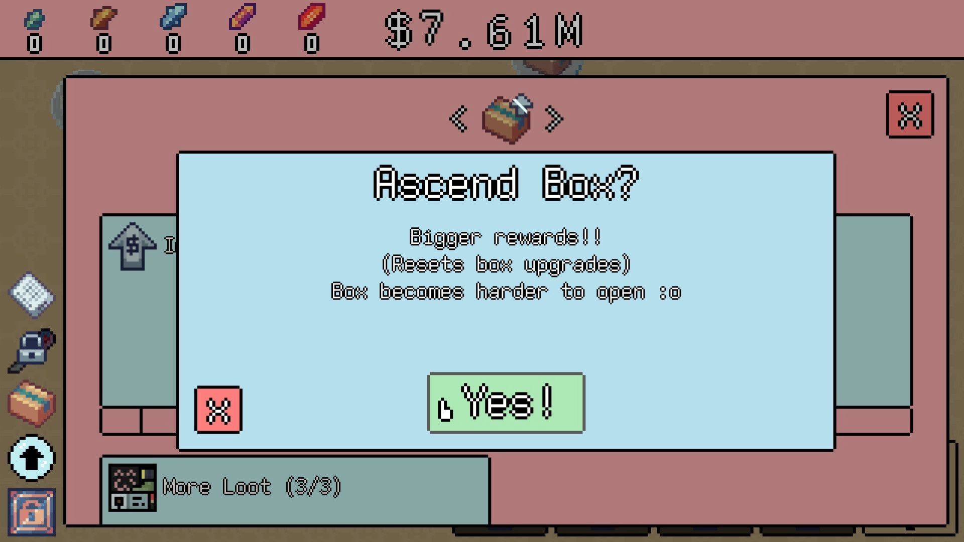 Unboxathon: Ascend Box confirmation screen with options to reset upgrades for bigger rewards