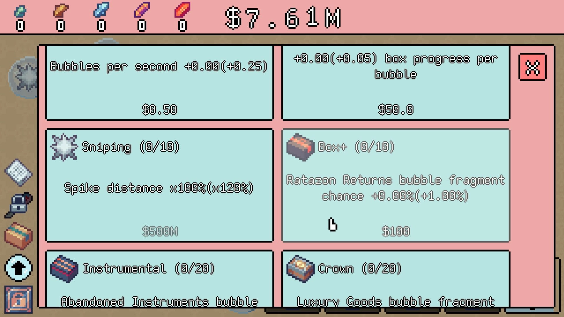 Unboxathon: Upgrade menu with bubbles per second and box progress stats in a cute pastel interface