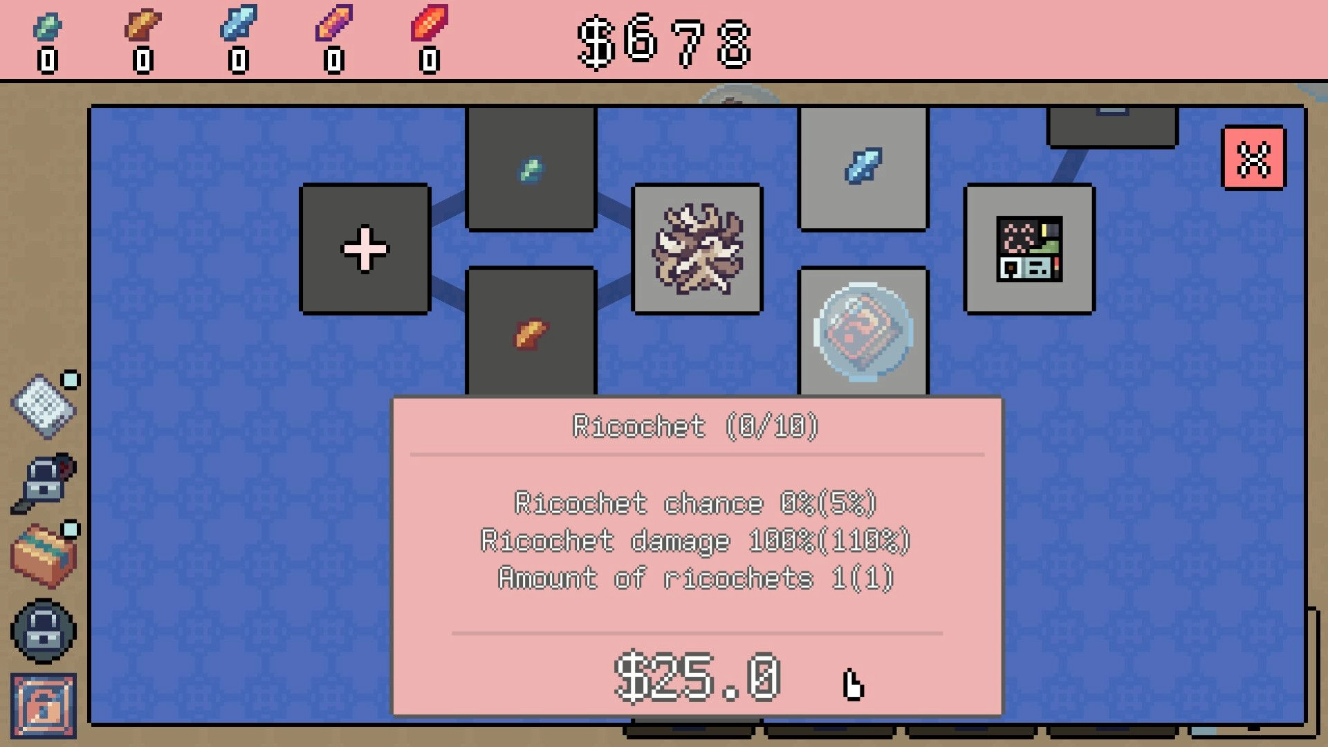 Unboxathon: Skill upgrade menu with ricochet stats and currency amount displayed on blue grid background