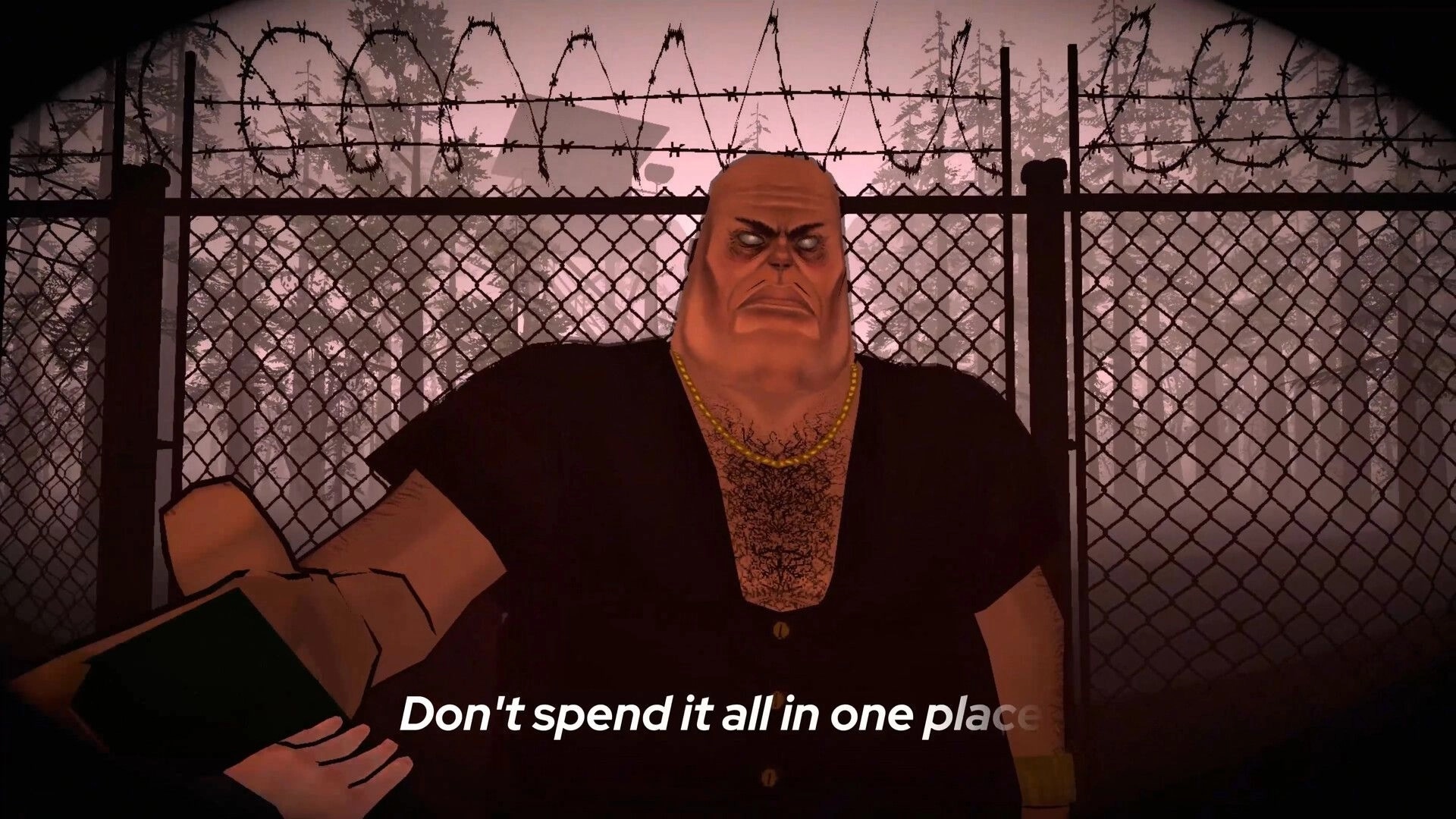 Uncanny Valley: Close-up of a scowling man at barbed wire fence, subtitle text at dusk woods.