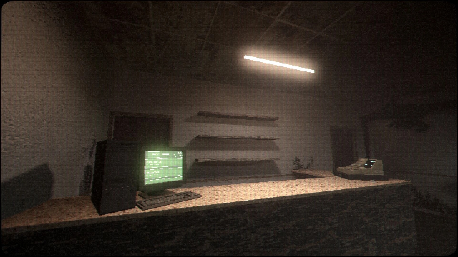 Uncosy: Grainy view of a counter with a glowing green computer monitor in a dim backroom.
