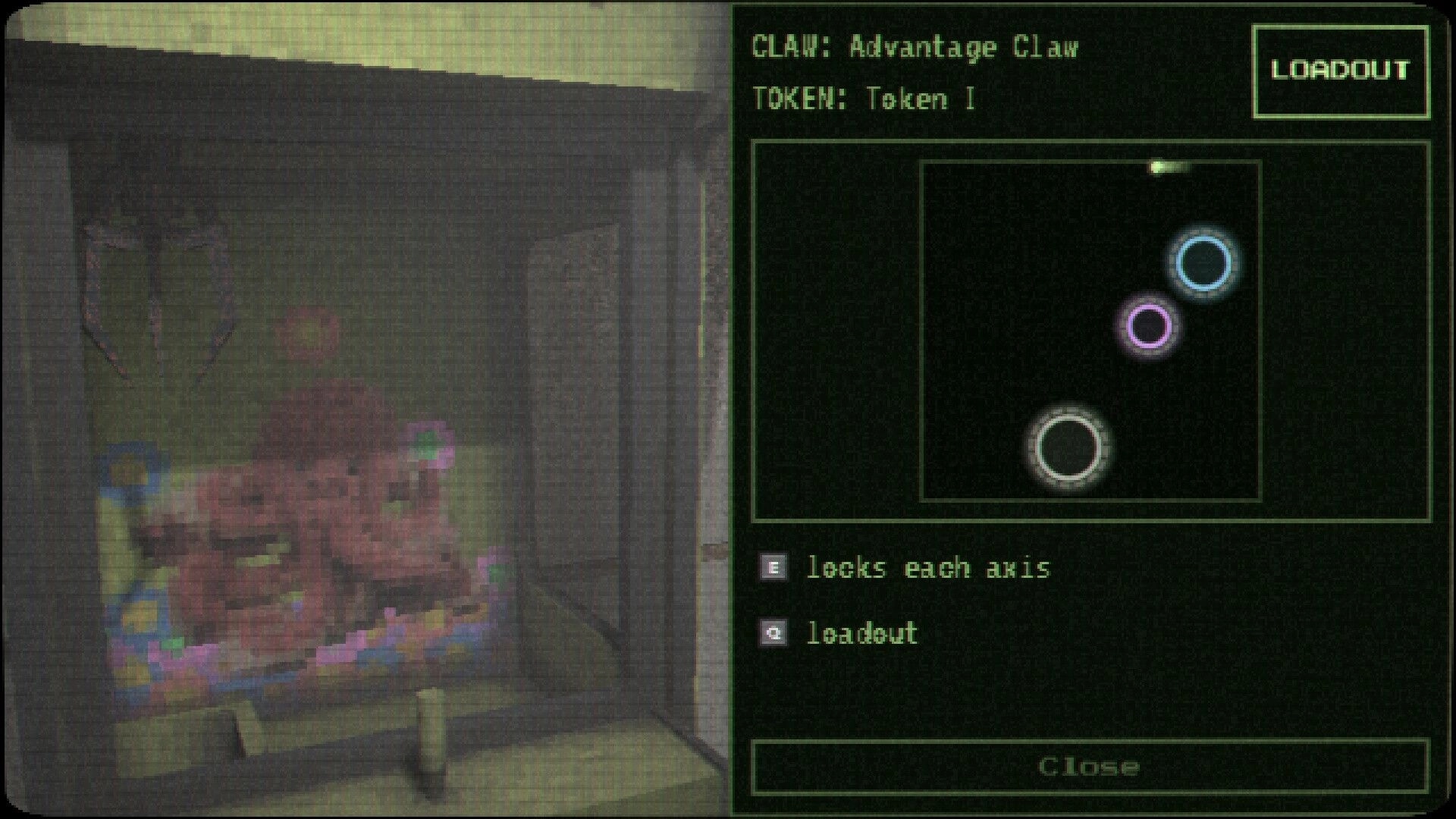 Uncosy: Loadout menu with claw and token stats over a dim room with a plushie on a bed.