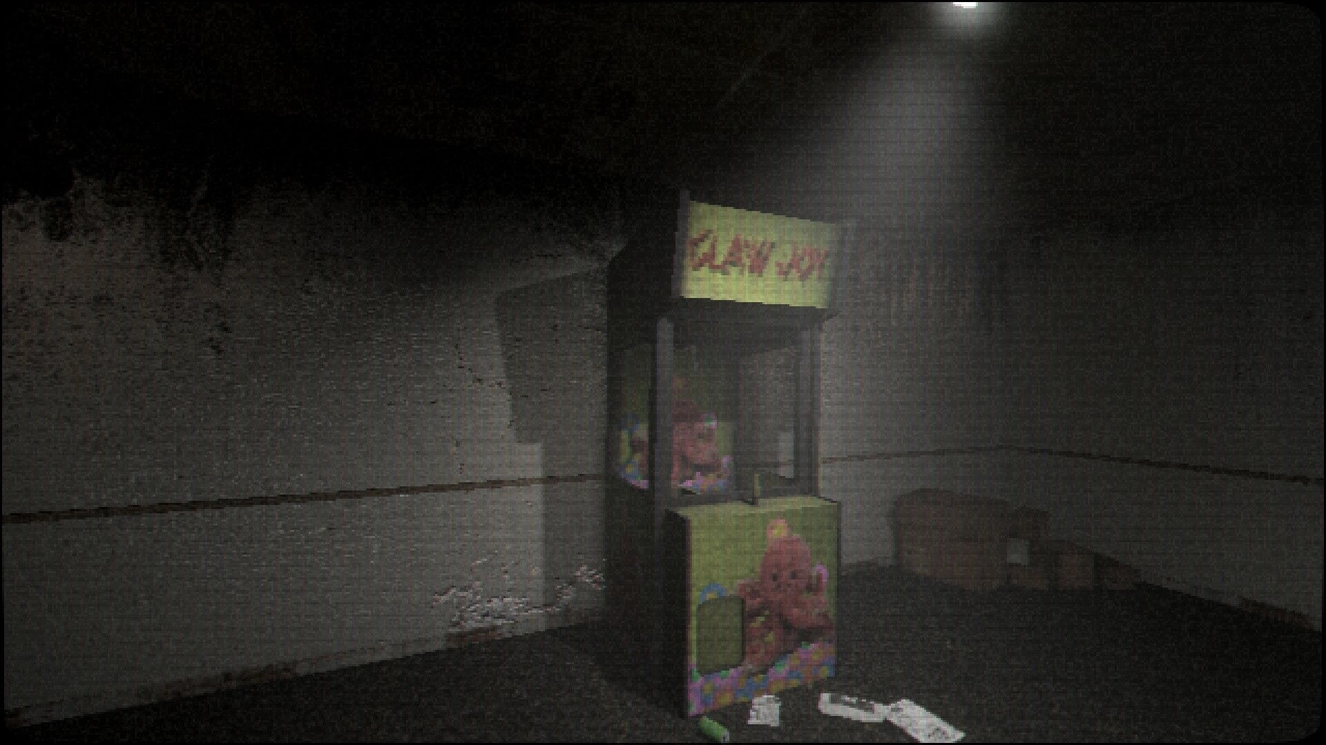 Uncosy: View of a plushie claw machine in a dim, grimy hallway with scattered trash on floor.