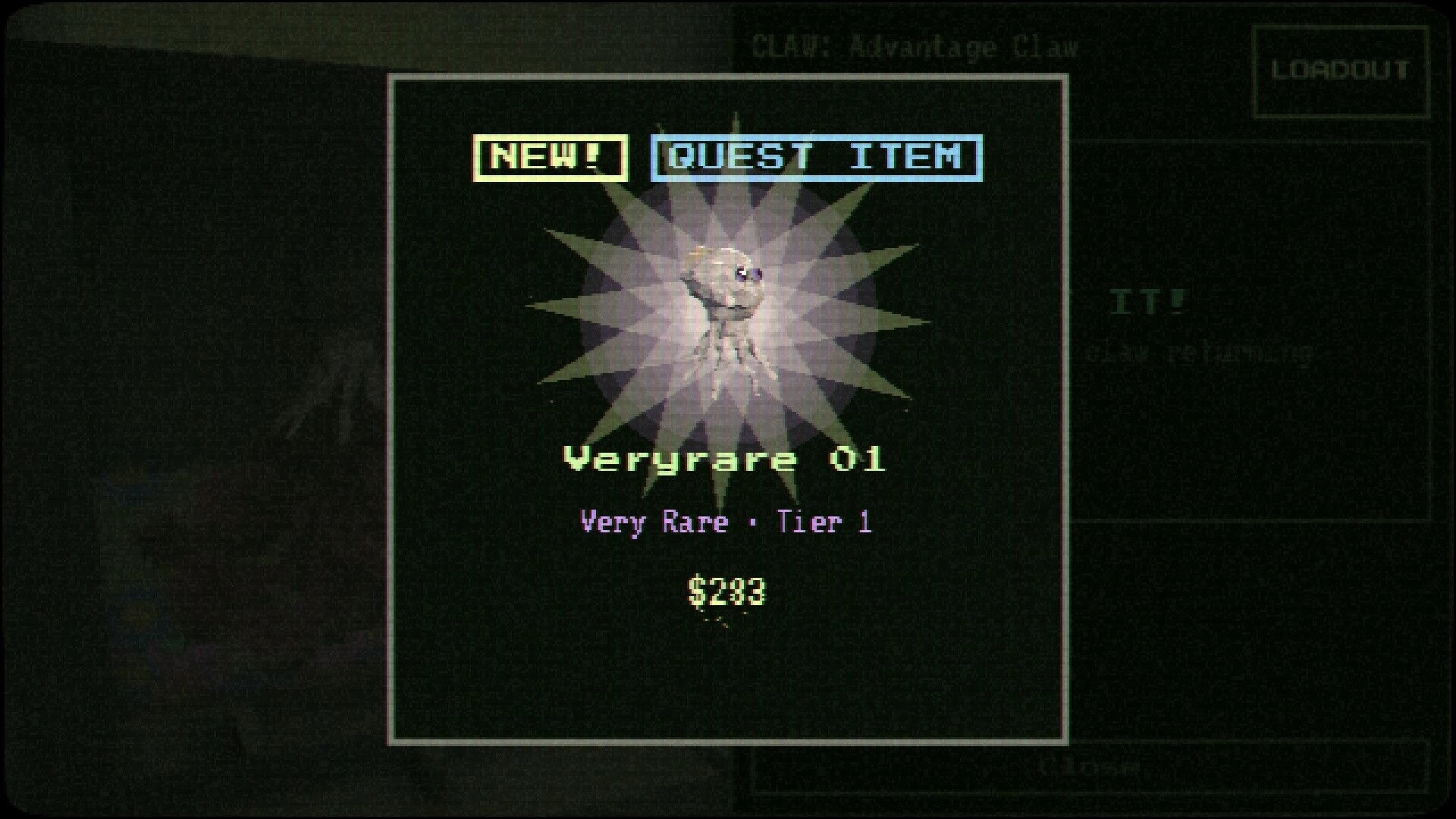 Uncosy: New quest item popup showing a VeryRare plush, Tier 1, priced $283 on dark UI.