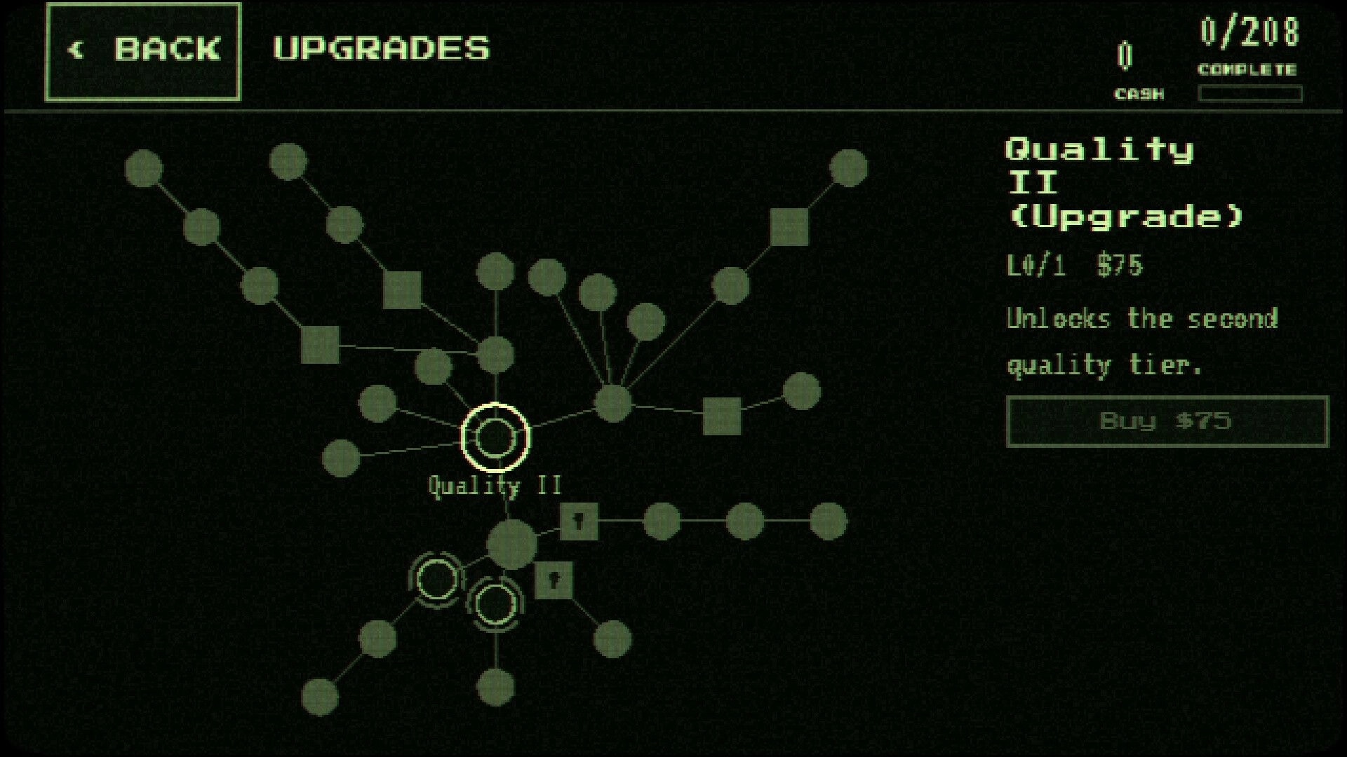 Uncosy: Upgrades skill tree menu highlighting Quality II upgrade with buy $75 button on dark screen.