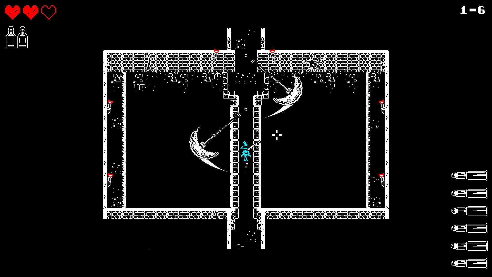 Undead West: Player navigates narrow corridor dodging swinging blades in dungeon level 1-6