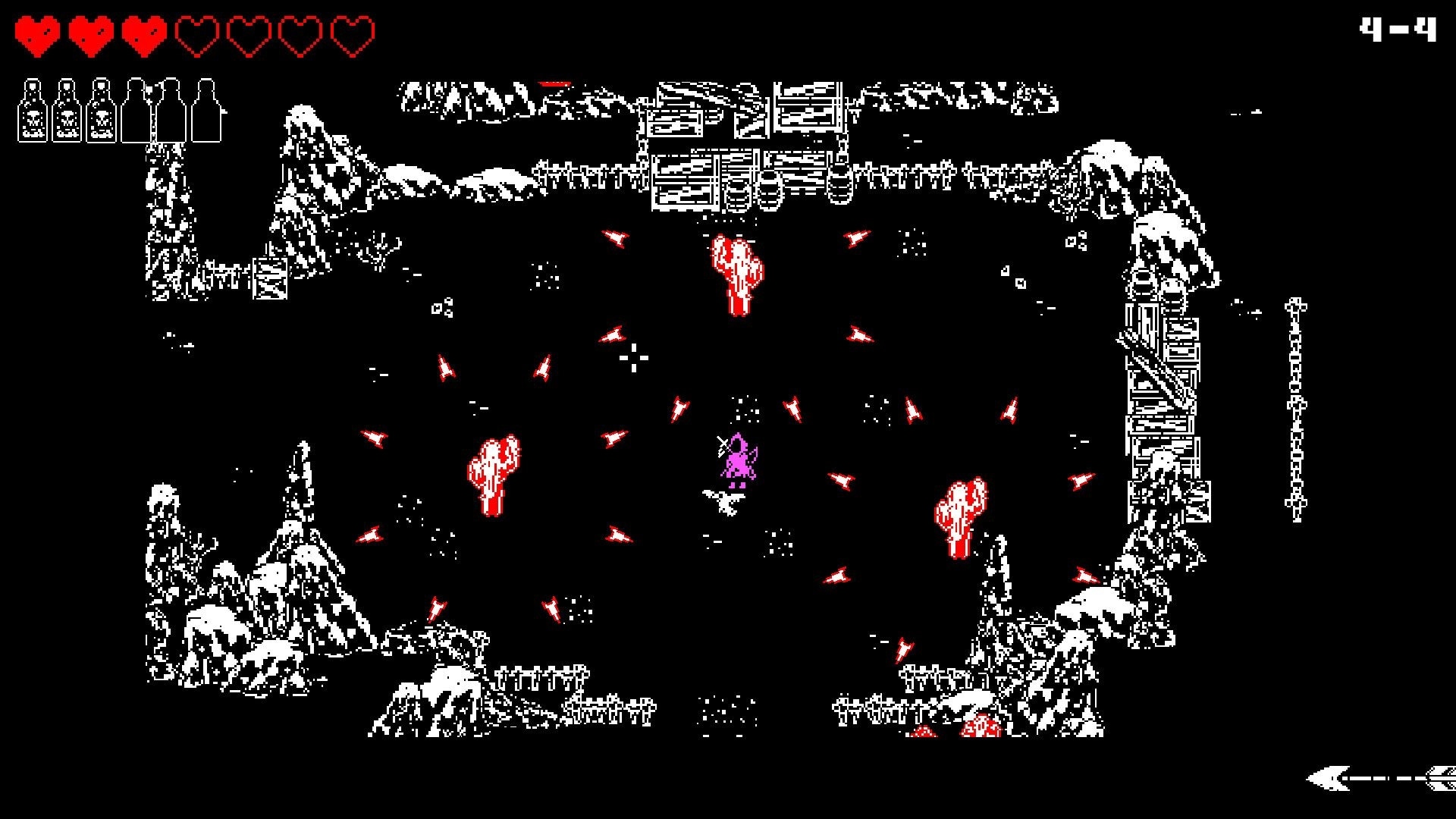 Undead West: Player character dodging enemy projectiles in a cavernous arena with health and whiskey UI