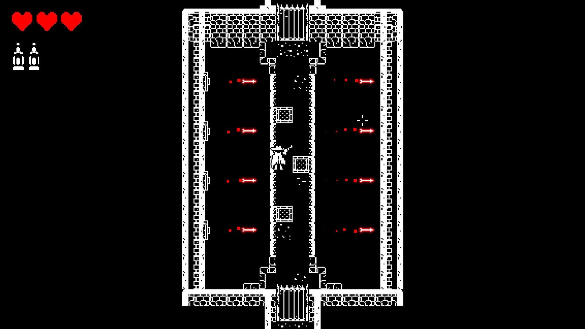 Undead West: Player dodging red projectiles in narrow dungeon corridor with health and items displayed