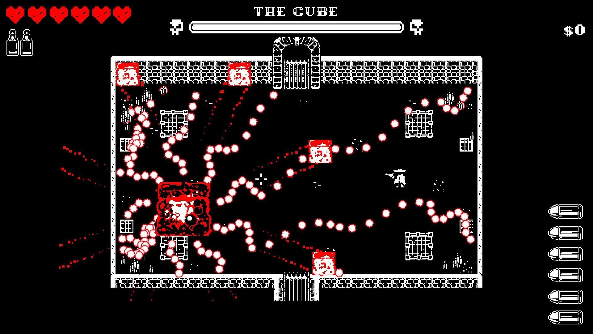 Undead West: Player dodging bullet patterns from the boss "The Cube" in a dungeon-like arena.