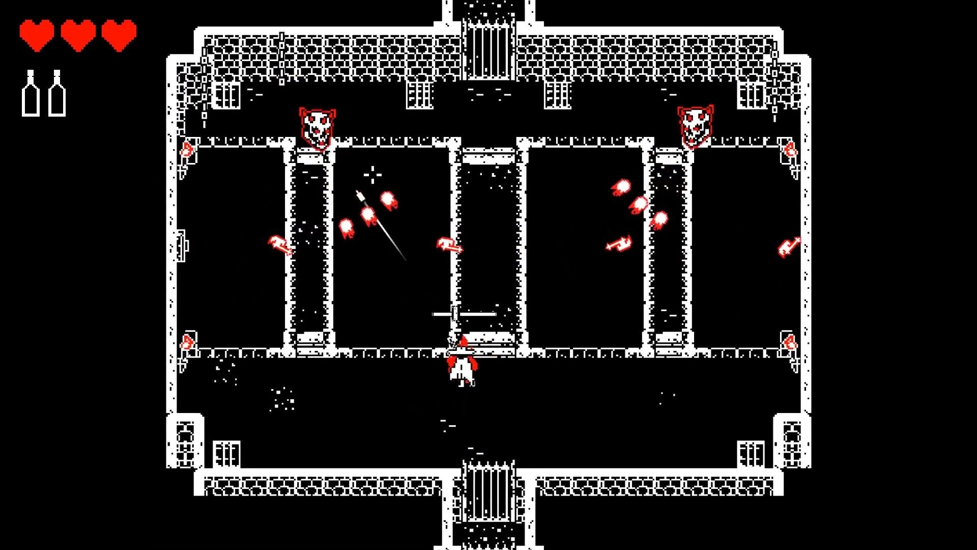 Undead West: Player dodging bullets in a dungeon hallway with health and whiskey icons displayed