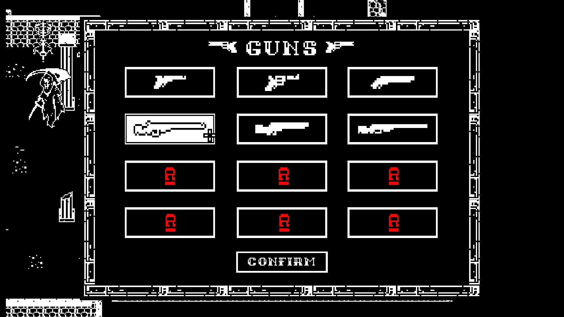 Undead West: Weapon selection menu with various guns, locked options, and confirm button in dark room