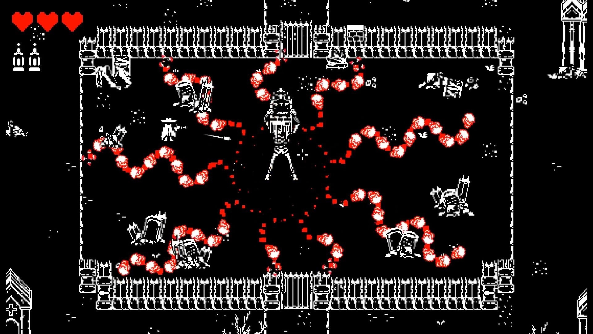 Undead West: Player dodging red bullet patterns in an enclosed graveyard arena with multiple enemies.