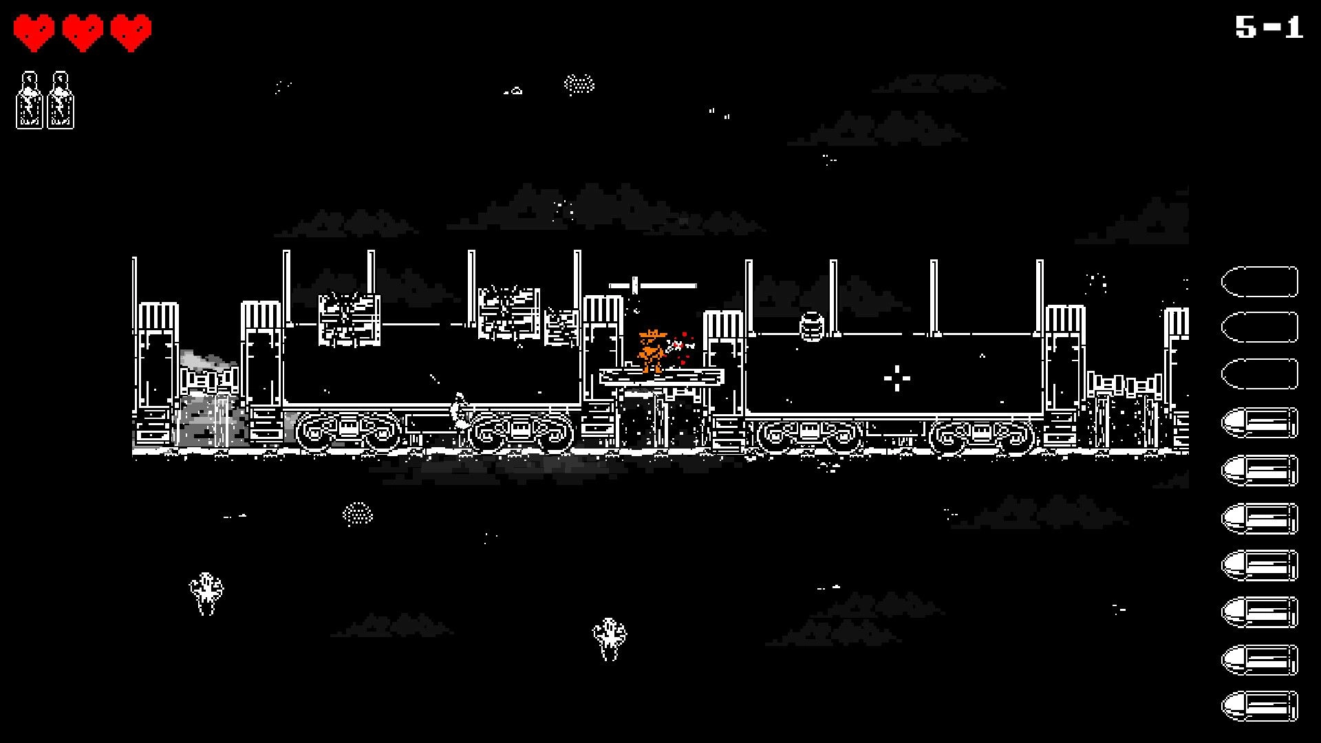 Undead West: Cowboy character on train car with heart UI, surrounded by bullet icons, night setting