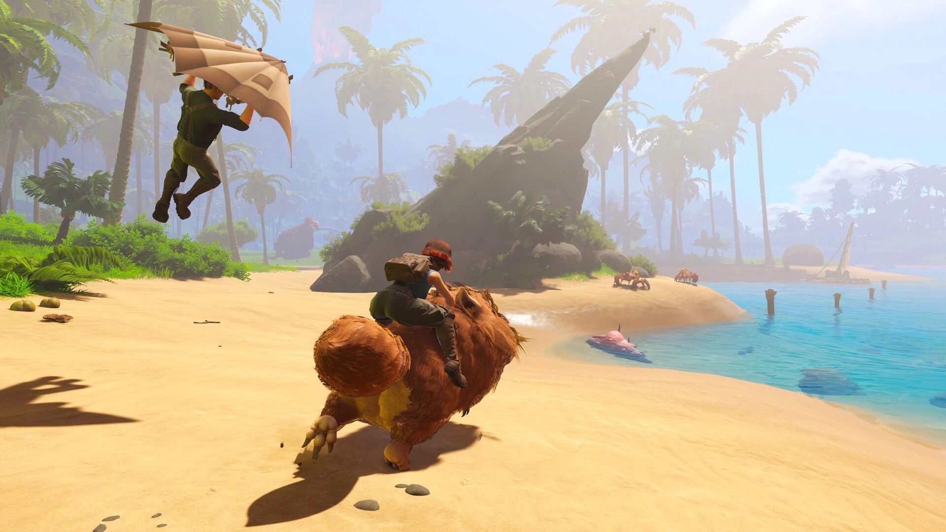Under a Rock: Player rides a giant furry creature as another glides over a sunny tropical beach shore.