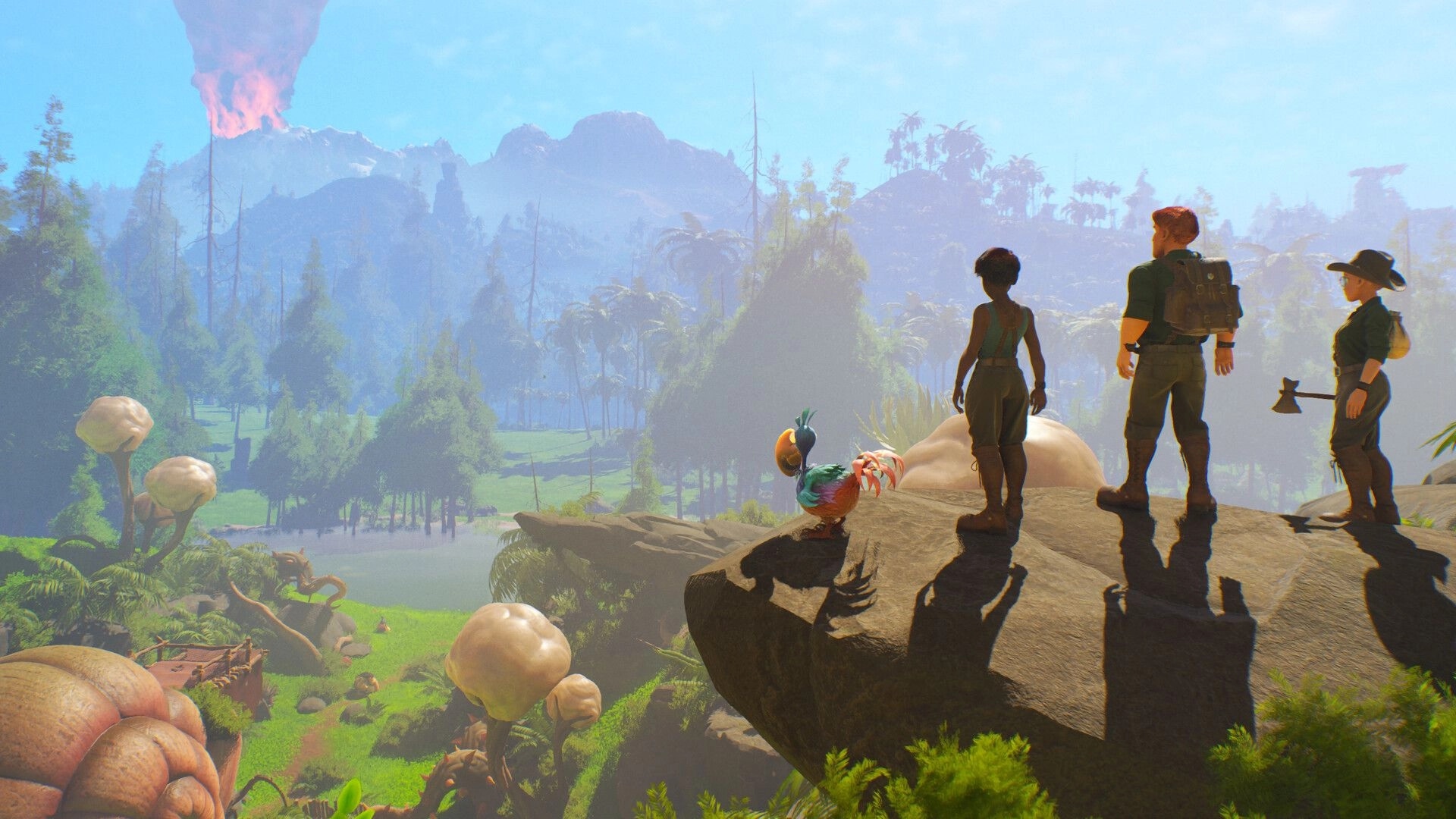 Under a Rock: Three survivors and a colorful bird on a cliff overlooking misty jungle and volcano.