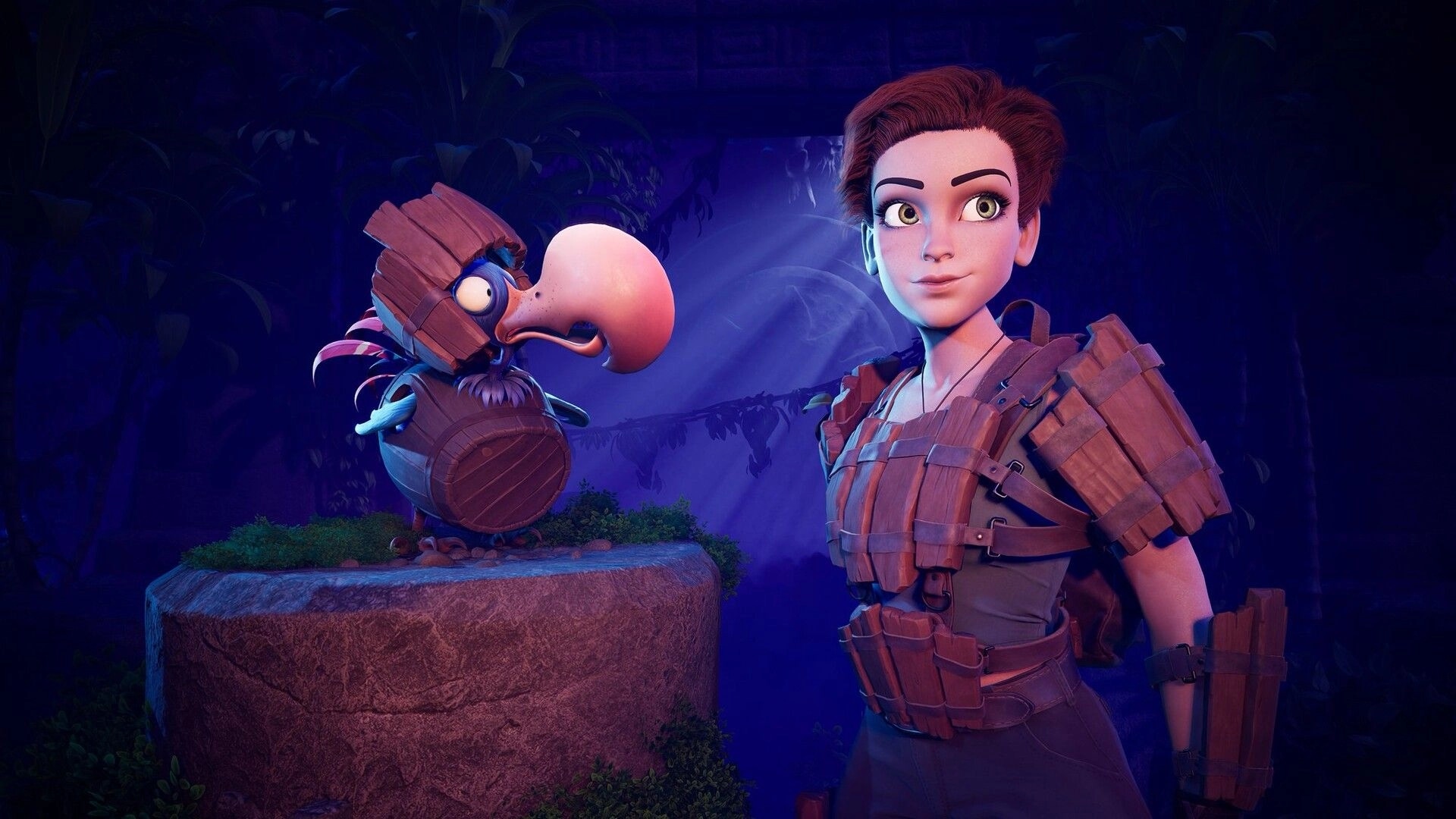 Under a Rock: Armored woman poses beside a big-beaked bird on a stone pedestal in misty jungle cave.