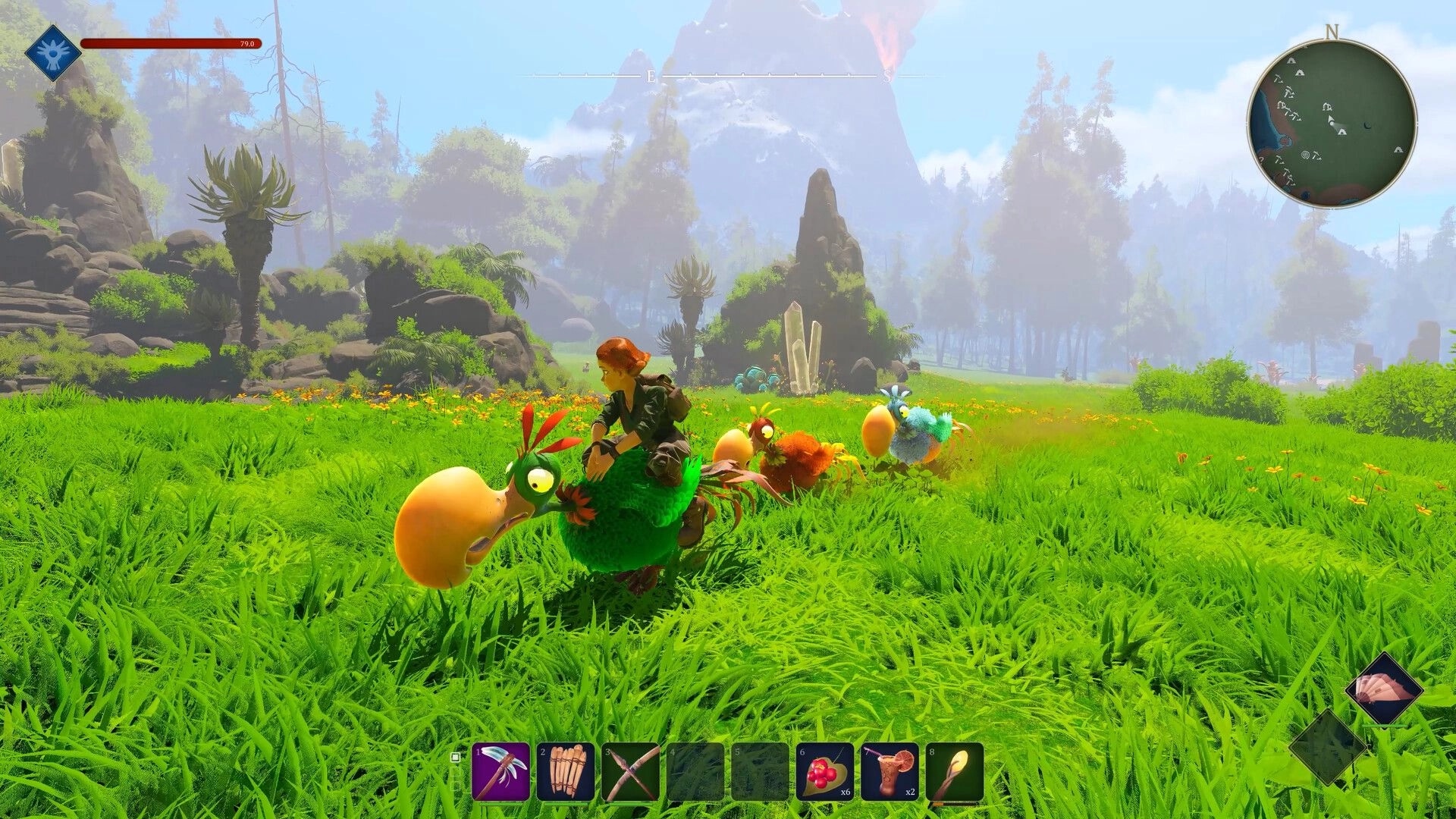 Under a Rock: Riding a giant bird across grassy plains with hotbar, compass, and minimap UI visible.