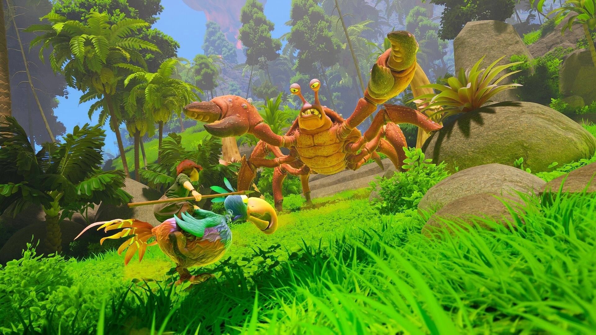 Under a Rock: Spear-wielding player faces a giant crab monster in lush jungle clearing by boulders.