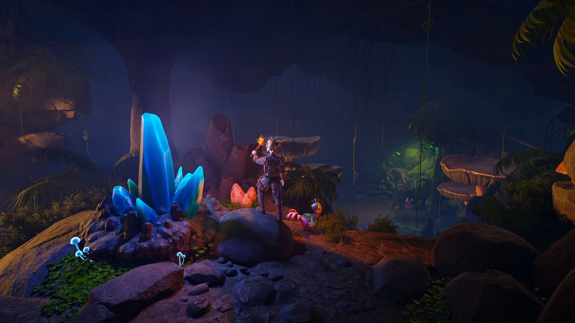 Under a Rock: Armored explorer with torch beside glowing blue crystals in a misty jungle cave.