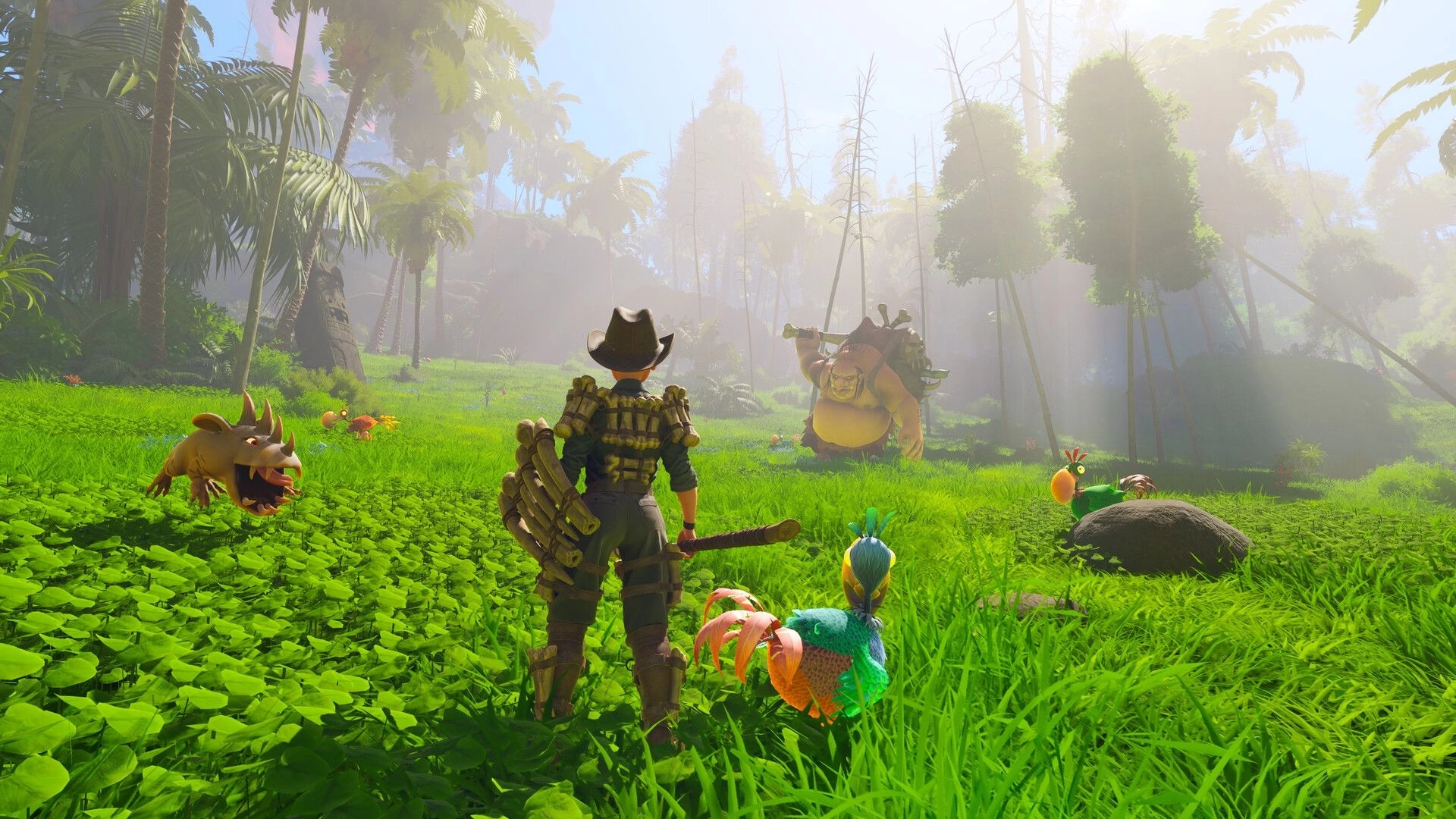 Under a Rock: Explorer with spear faces giant ogre and weird wildlife in a sunny jungle clearing.