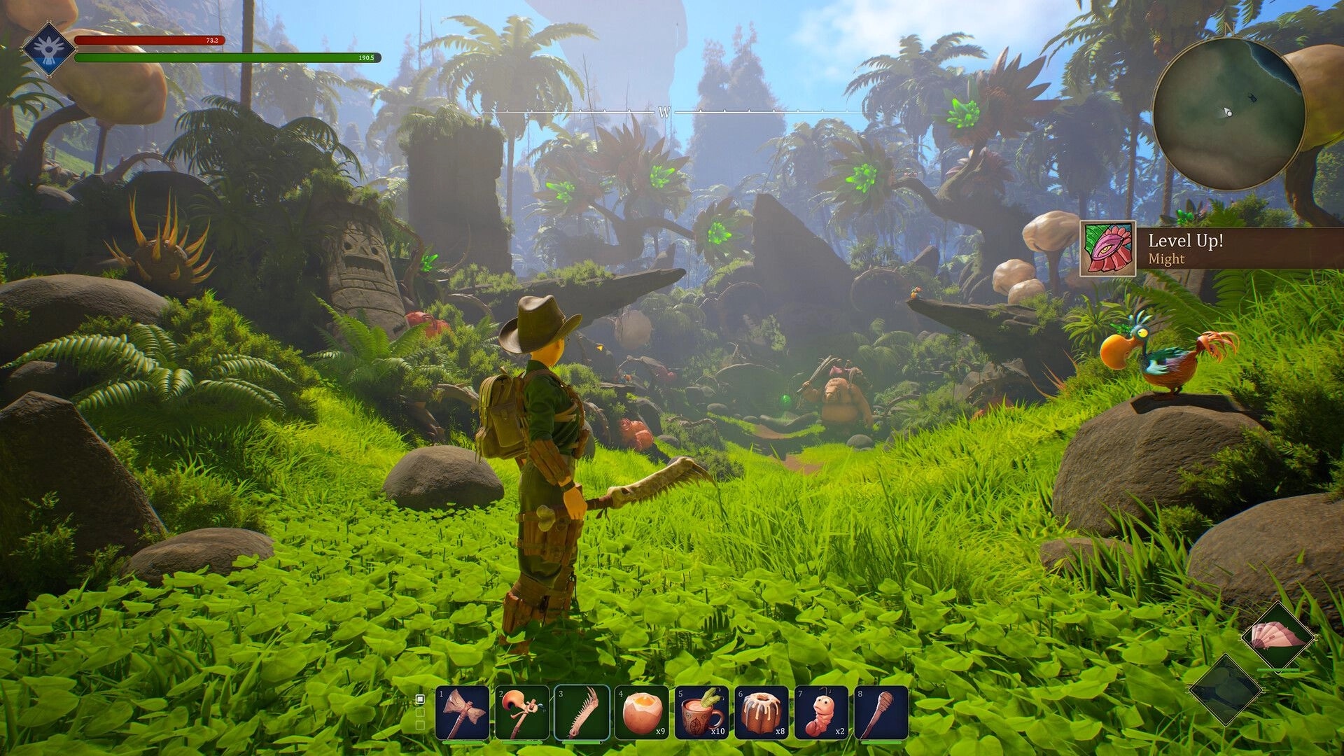Under a Rock: Explorer with club sees Level Up UI in lush jungle valley with ruins and a bird nearby.