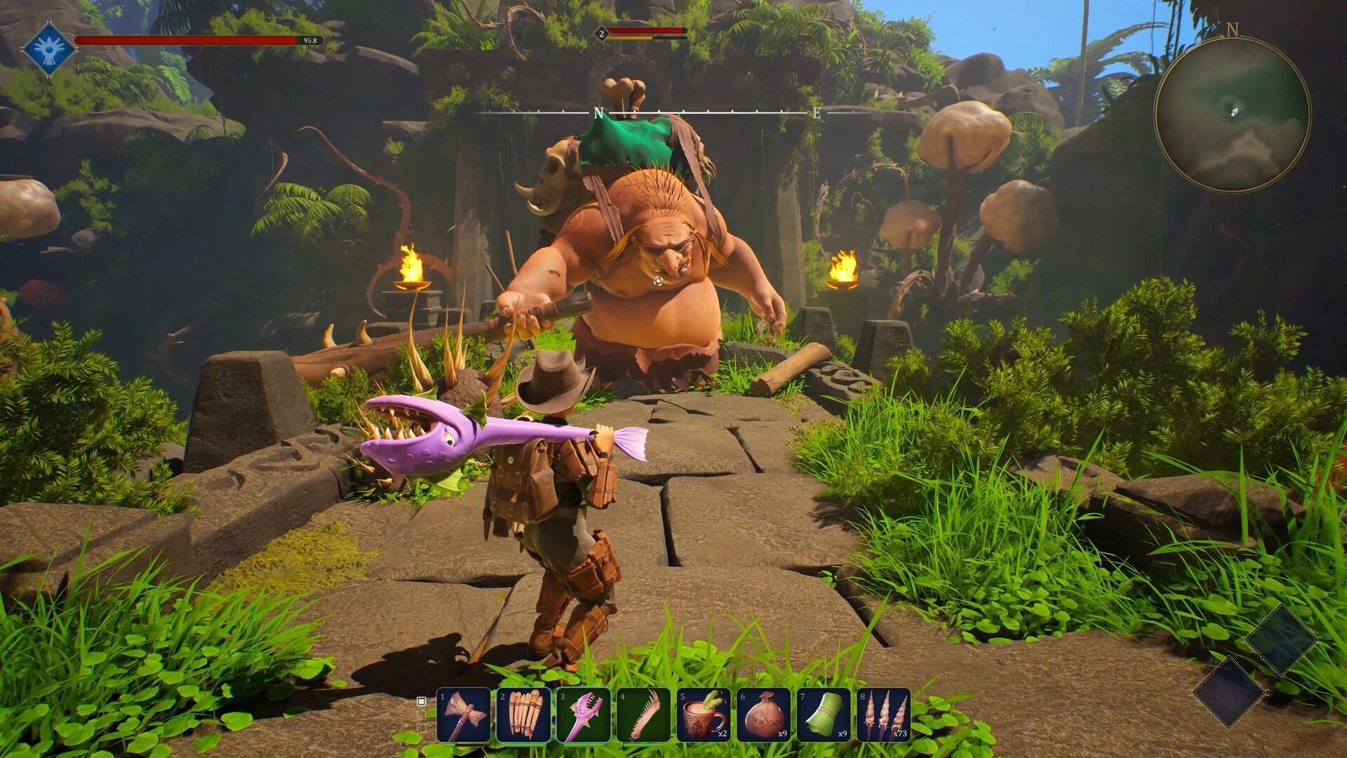 Under a Rock: Player faces a huge club-wielding brute on jungle ruins path with hotbar UI visible.