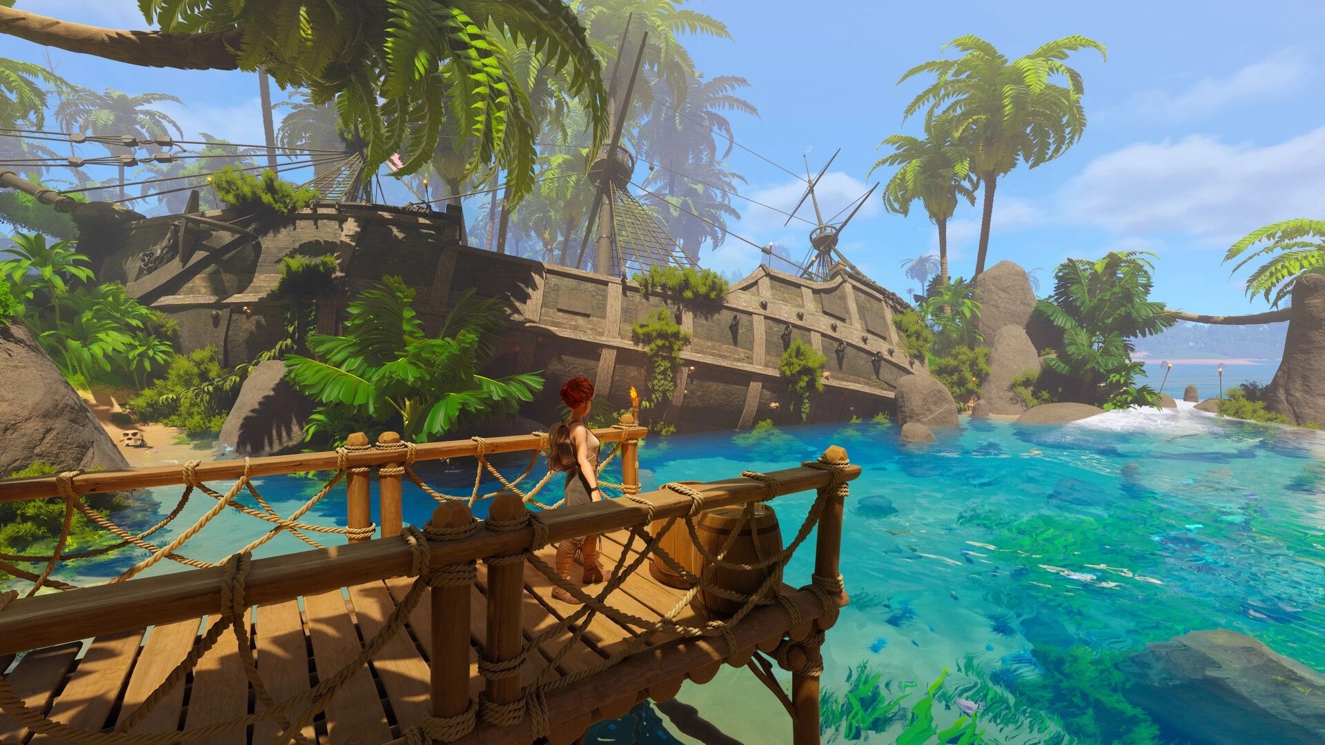Under a Rock: Player stands on rope bridge facing a wrecked ship in clear tropical lagoon jungle.