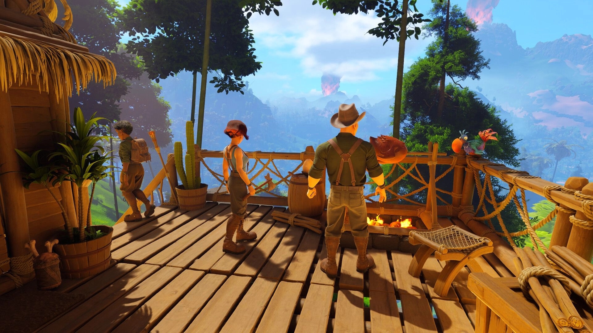 Under a Rock: Three players on a wooden treehouse deck with campfire, pet and valley vista.