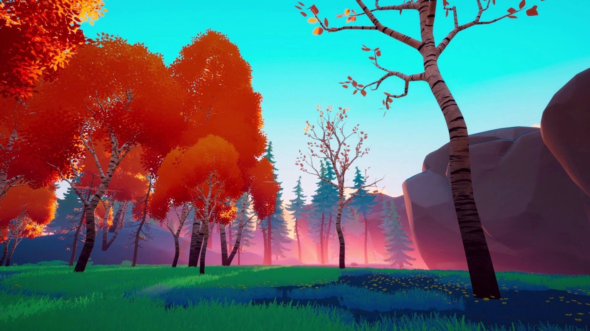 Under Canopies: Scenic forest view with red autumn trees, grassy clearing, and rocky cliffs at dusk.