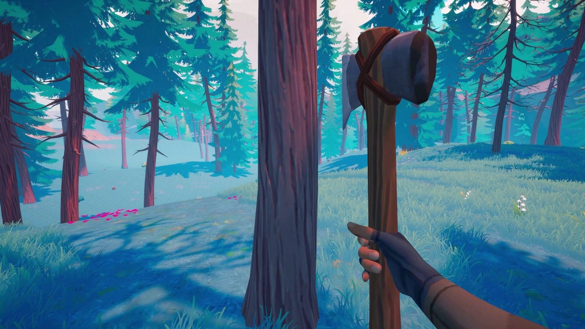 Under Canopies: First-person axe held up beside a tree in a misty pine forest clearing at dawn.